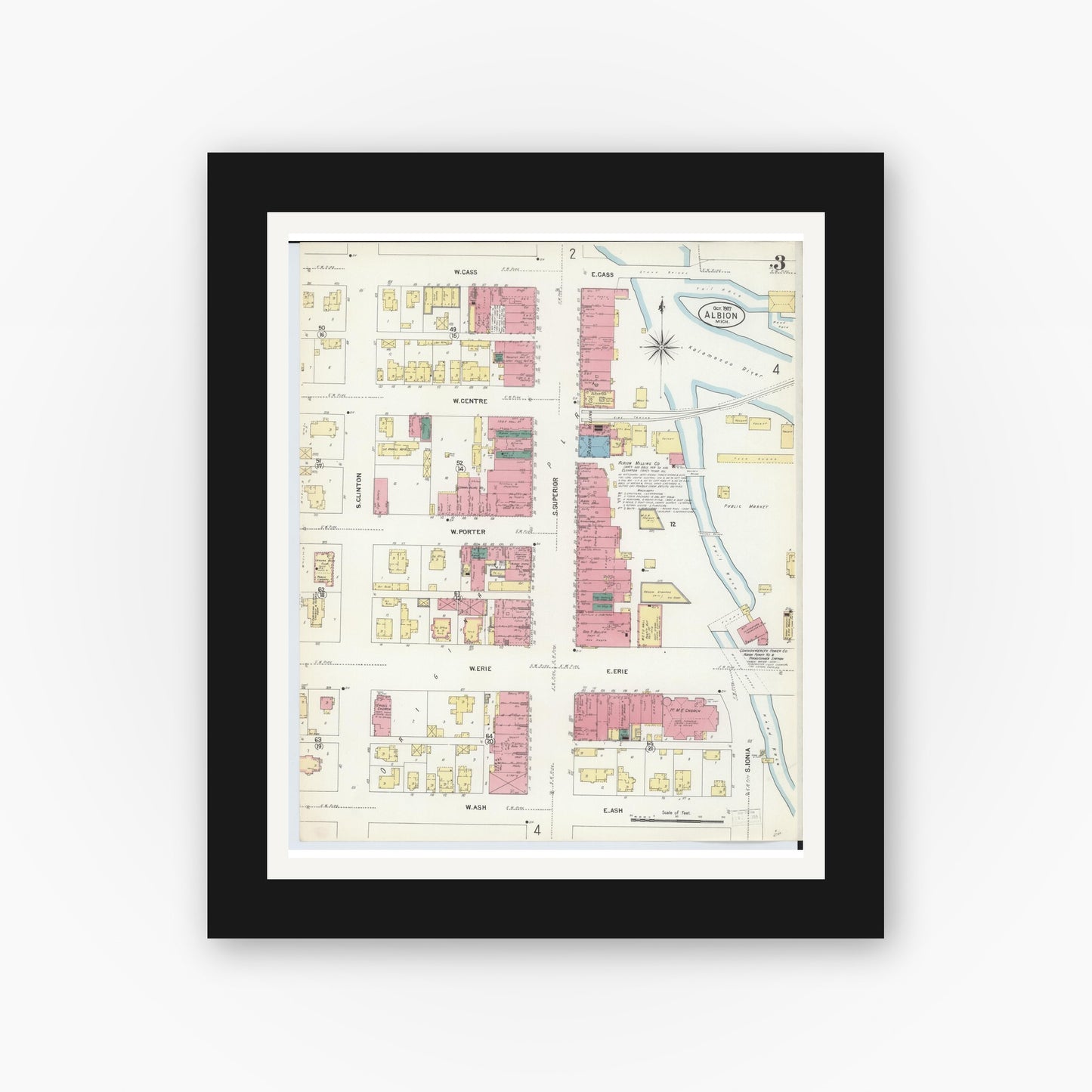 Old map wall art mockup — black gallery frame with white mat — Sanborn Fire Insurance Map from Albion, Calhoun County, Michigan (1907), Sheet #0003