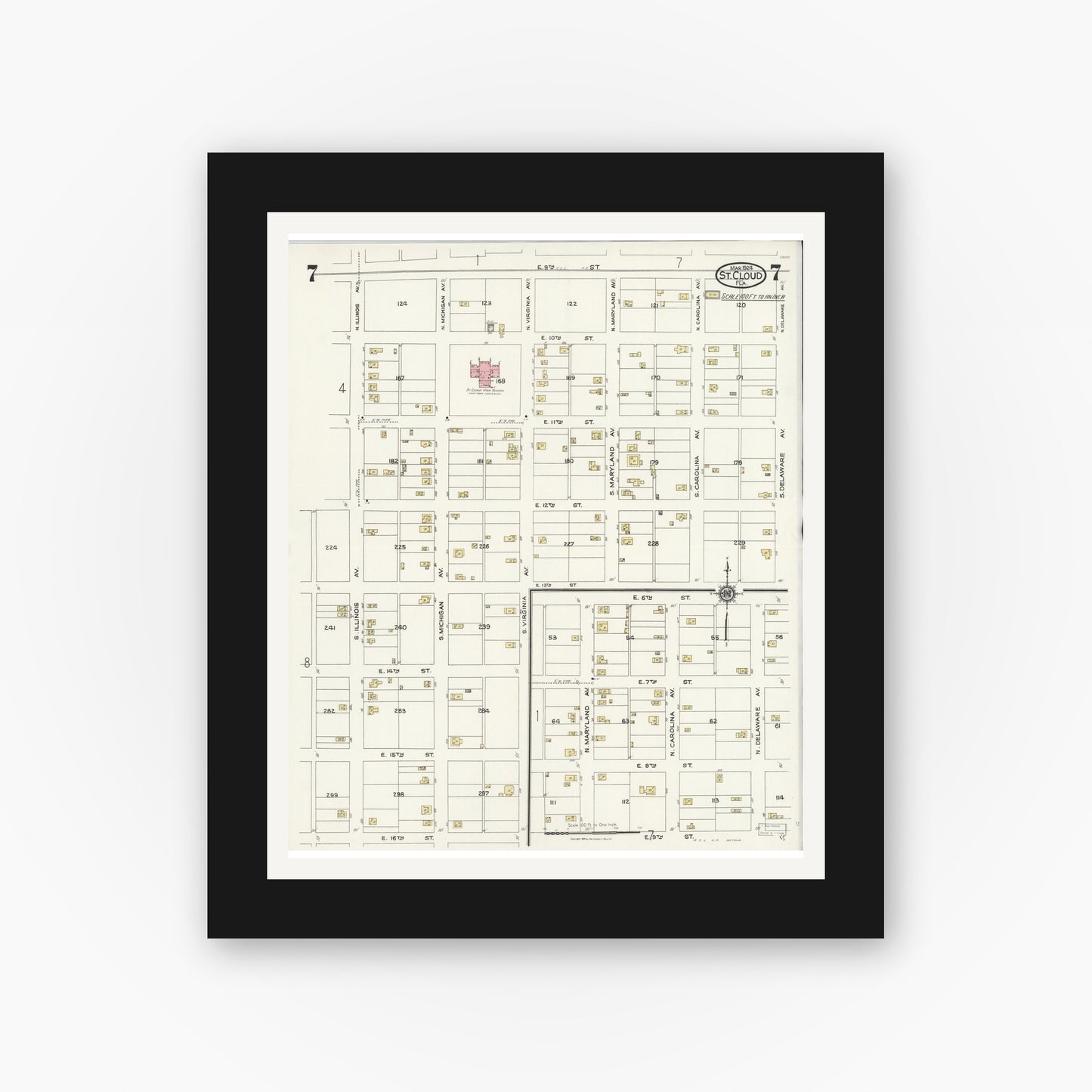 Old map wall art mockup — black gallery frame with white mat — Sanborn Fire Insurance Map from Saint Cloud, Osceola County, Florida (1924), Sheet #0007