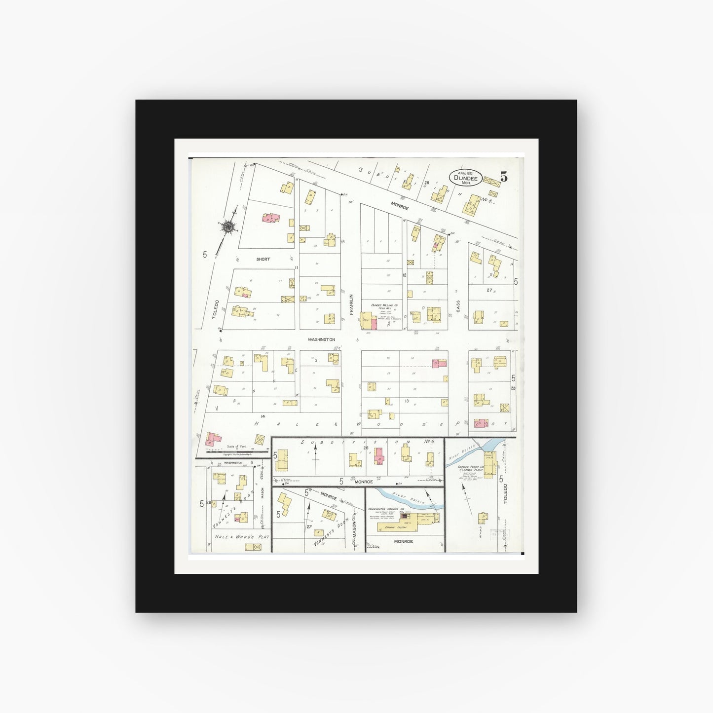 Old map wall art mockup — black gallery frame with white mat — Sanborn Fire Insurance Map from Dundee, Monroe County, Michigan (1923), Sheet #0005