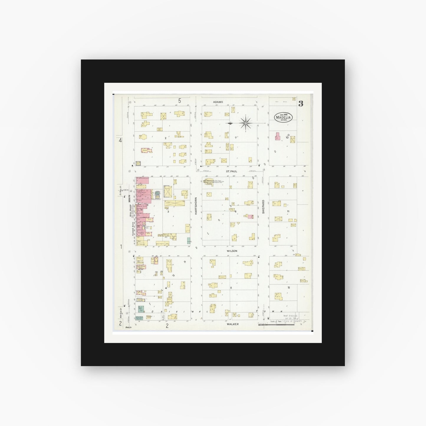 Old map wall art mockup — black gallery frame with white mat — Sanborn Fire Insurance Map from Madelia, Watonwan County, Minnesota (1908), Sheet #0003