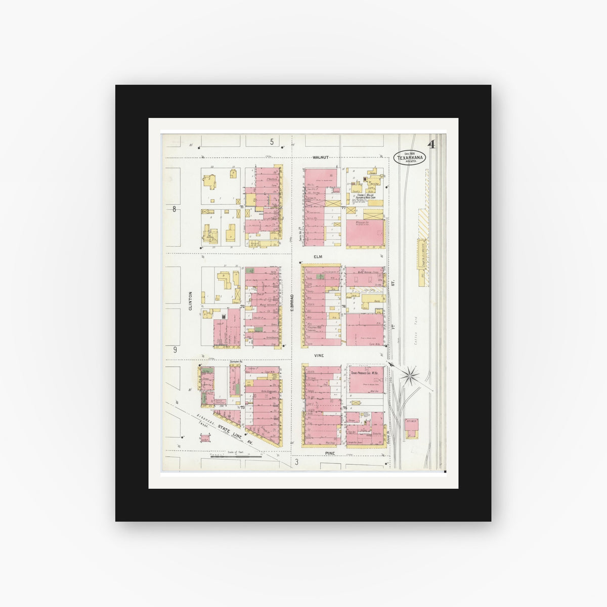 Old map wall art mockup — black gallery frame with white mat — Sanborn Fire Insurance Map from Texarkana, Bowie County, Texas (1900), Sheet #0004