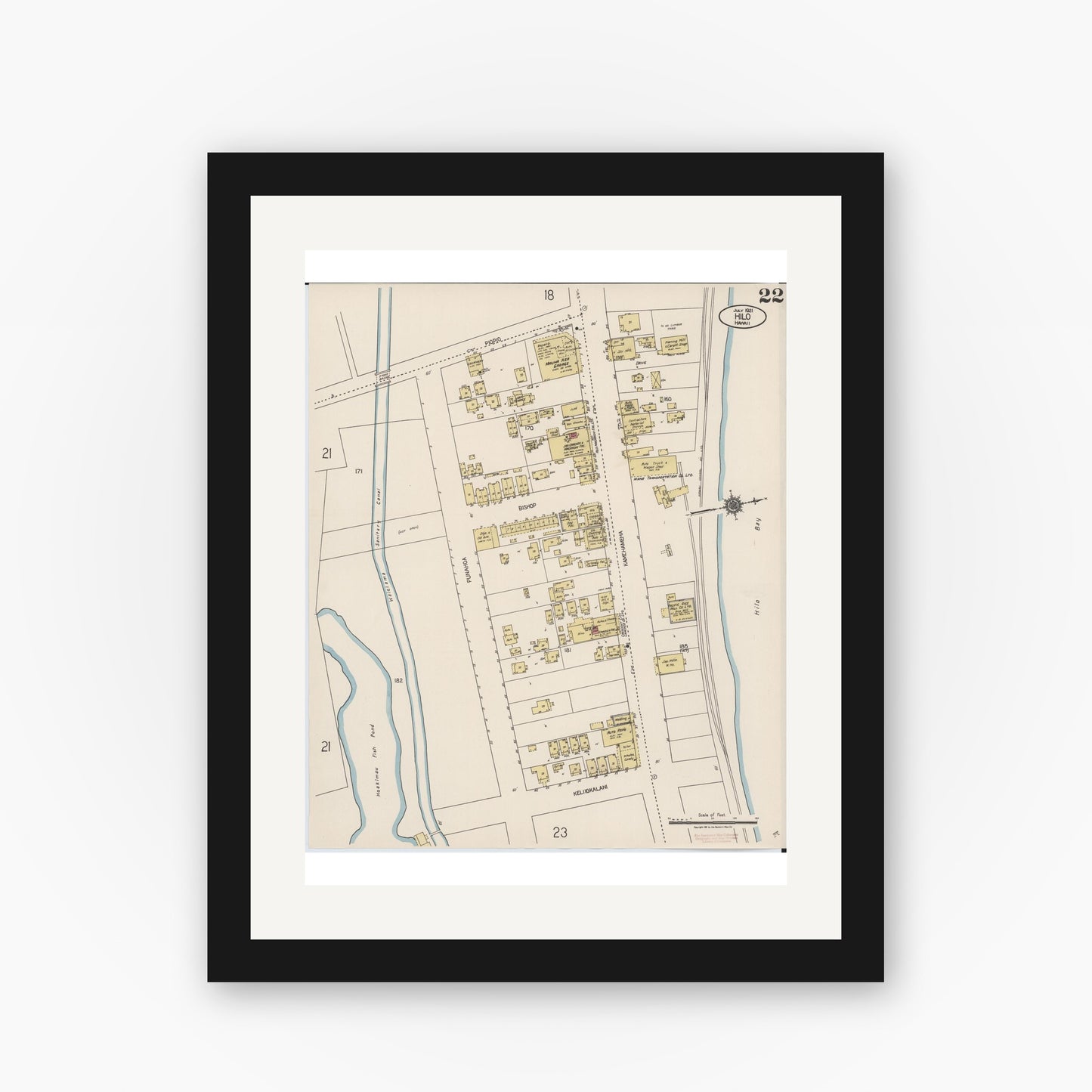 Old map wall art mockup — black gallery frame with white mat — Sanborn Fire Insurance Map from Hilo, Hawaii County, Hawaii (1921), Sheet #0022