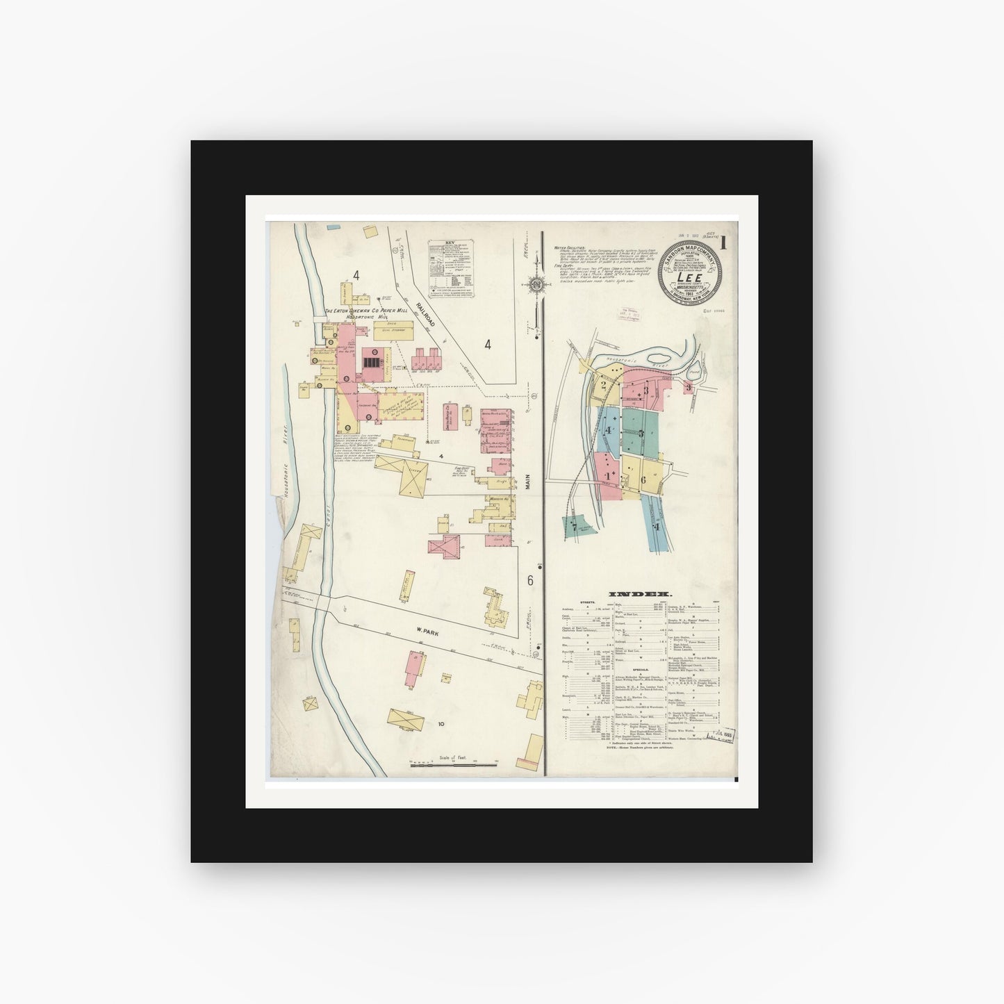 Old map wall art mockup — black gallery frame with white mat — Sanborn Fire Insurance Map from Lee, Berkshire County, Massachusetts (1911) - Complete Map Set