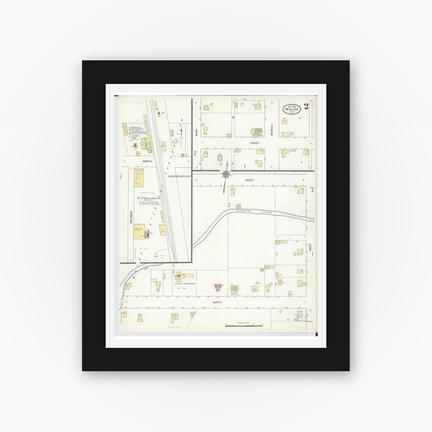 Old map wall art mockup — black gallery frame with white mat — Sanborn Fire Insurance Map from Waldo, Marion County, Ohio (1912), Sheet #0002