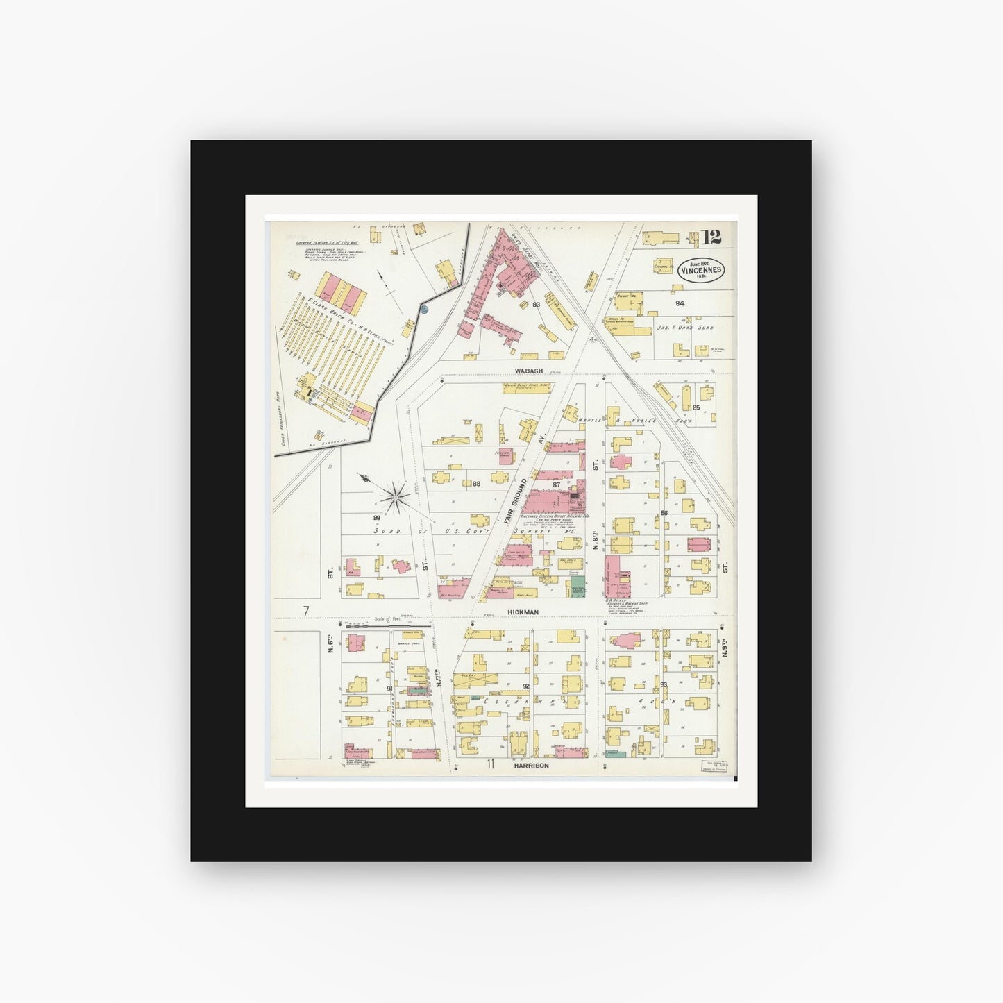 Old map wall art mockup — black gallery frame with white mat — Sanborn Fire Insurance Map from Vincennes, Knox County, Indiana (1902), Sheet #0012