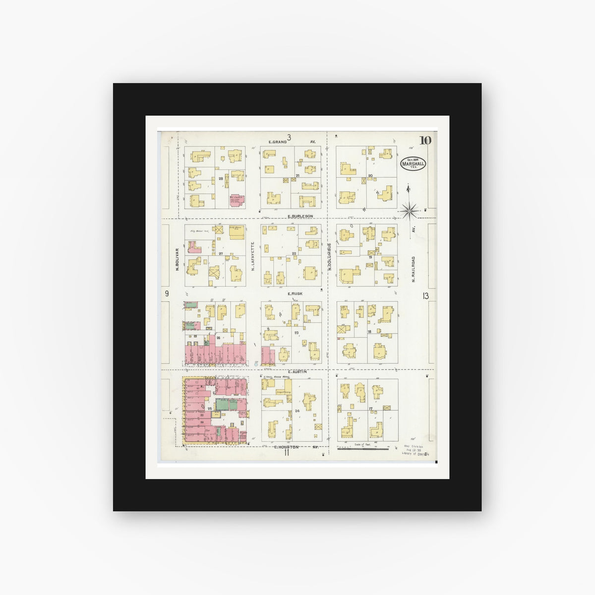 Old map wall art mockup — black gallery frame with white mat — Sanborn Fire Insurance Map from Marshall, Harrison County, Texas (1904), Sheet #0010