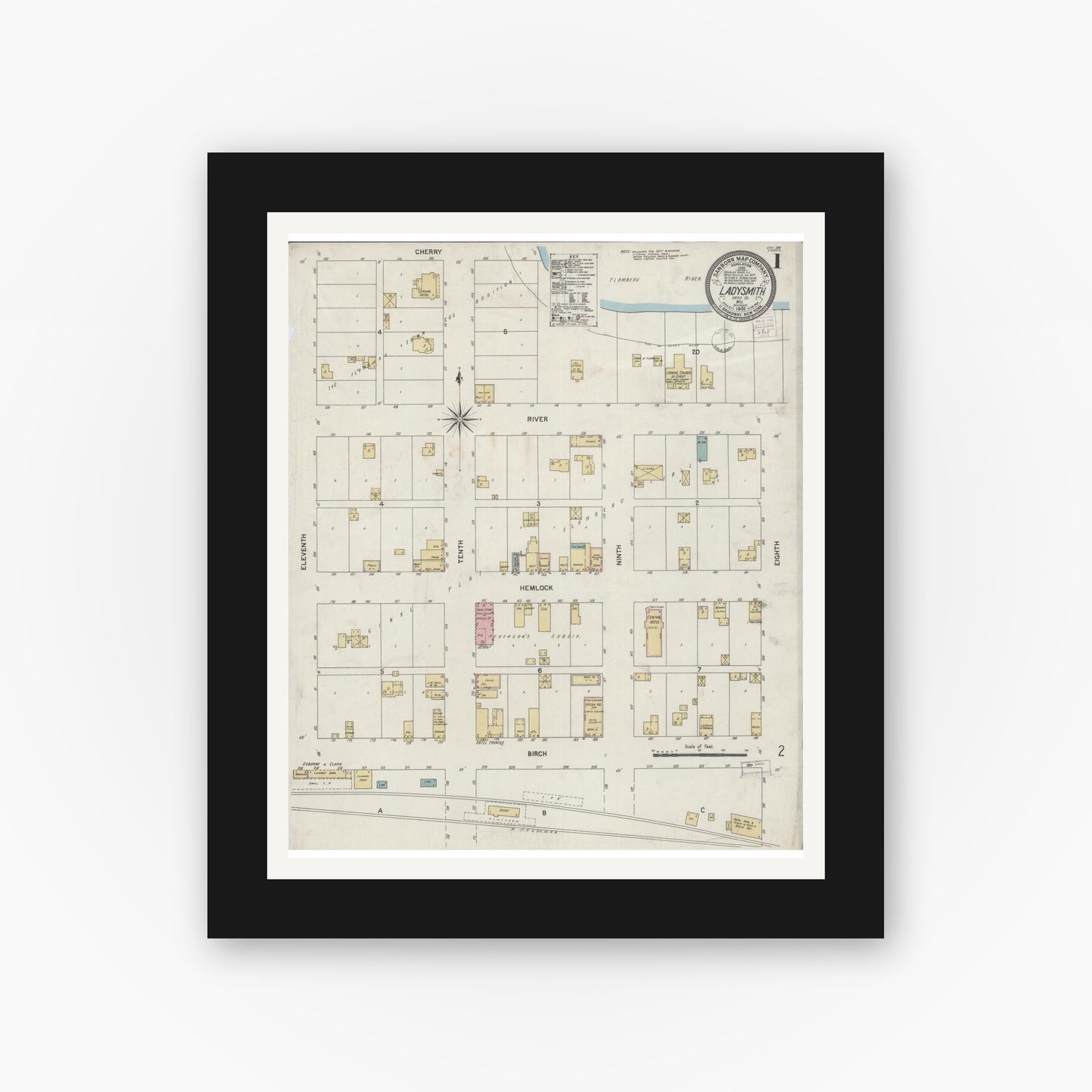 Old map wall art mockup — black gallery frame with white mat — Sanborn Fire Insurance Map from Ladysmith, Rusk County, Wisconsin (1902) - Complete Map Set