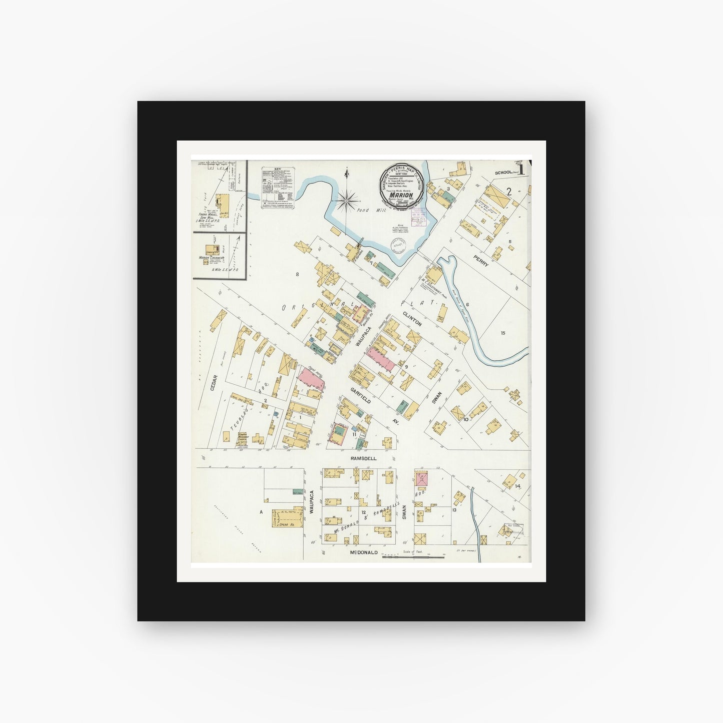 Old map wall art mockup — black gallery frame with white mat — Sanborn Fire Insurance Map from Marion, Waupaca County, Wisconsin (1901), Sheet #0001