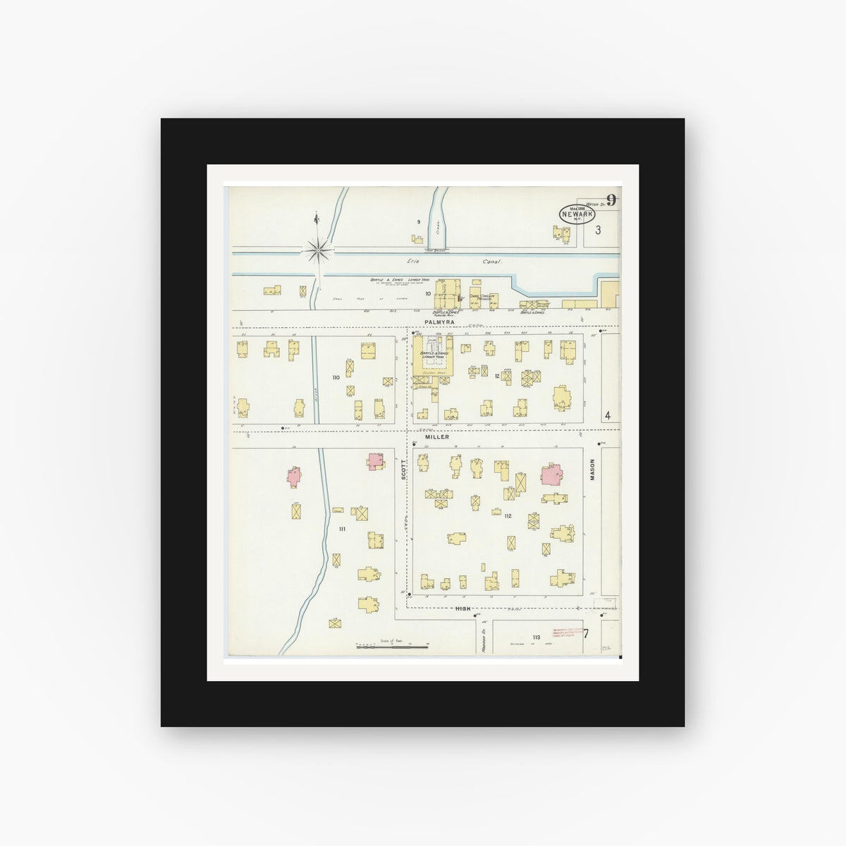Old map wall art mockup — black gallery frame with white mat — Sanborn Fire Insurance Map from Newark, Wayne County, New York (1898), Sheet #0009