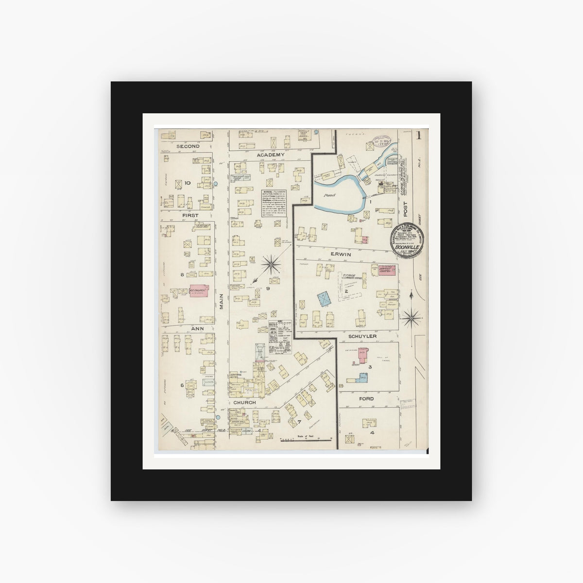 Old map wall art mockup — black gallery frame with white mat — Sanborn Fire Insurance Map from Boonville, Oneida County, New York (1884) - Complete Map Set