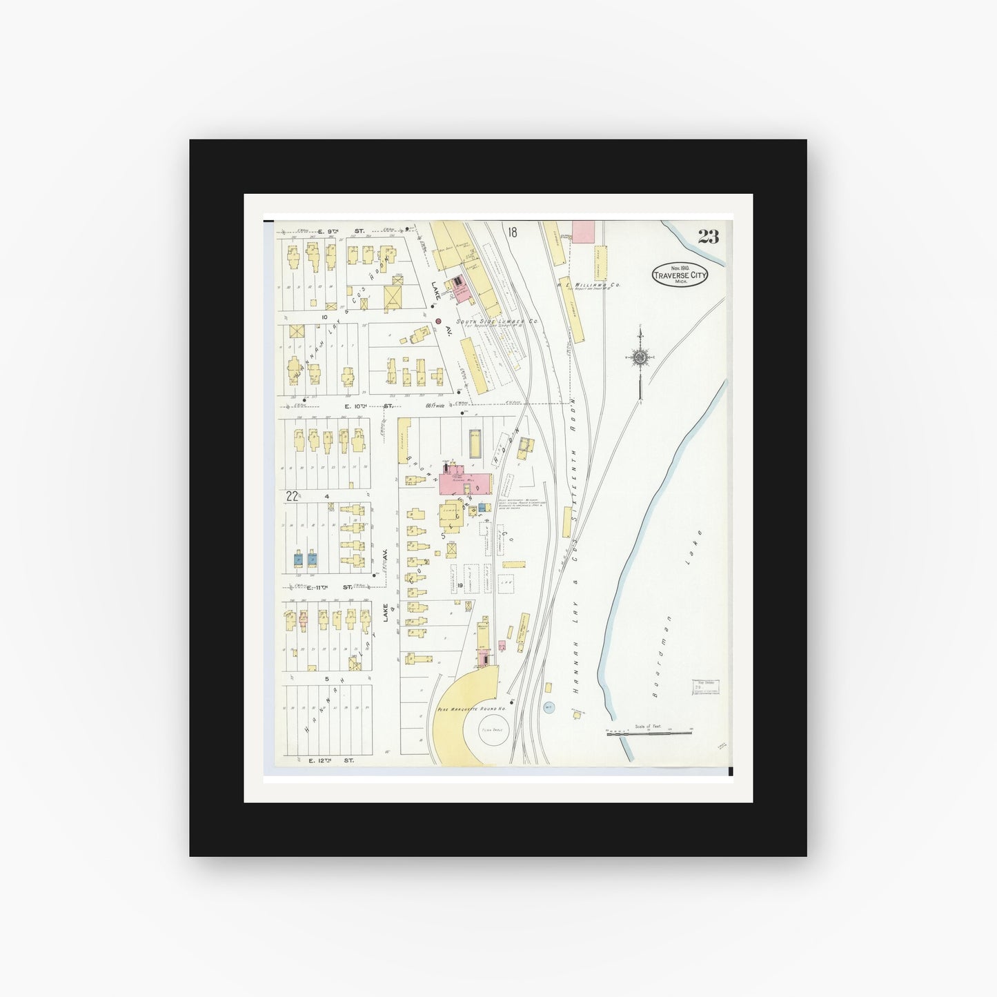 Old map wall art mockup — black gallery frame with white mat — Sanborn Fire Insurance Map from Traverse City, Grand Traverse County, Michigan (1910), Sheet #0023