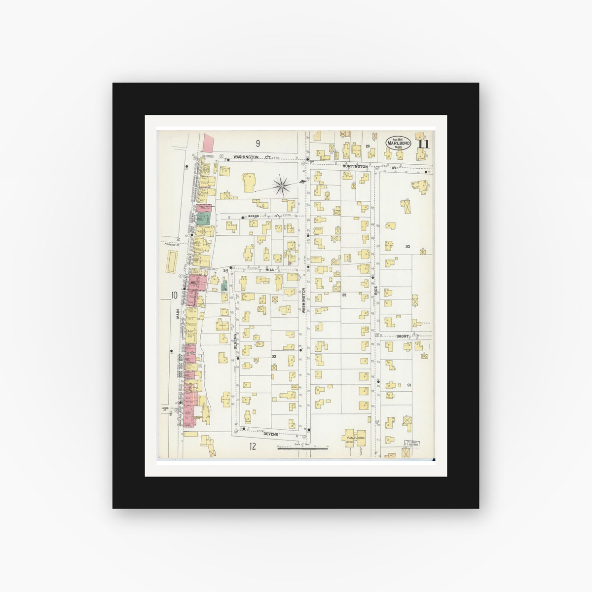 Old map wall art mockup — black gallery frame with white mat — Sanborn Fire Insurance Map from Marlborough, Middlesex County, Massachusetts (1901), Sheet #0011