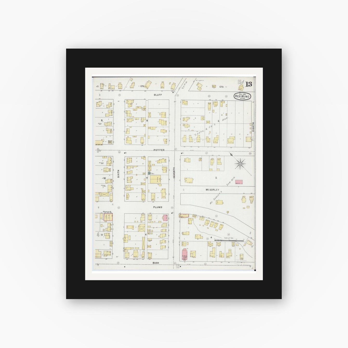 Old map wall art mockup — black gallery frame with white mat — Sanborn Fire Insurance Map from Red Wing, Goodhue County, Minnesota (1895), Sheet #0013