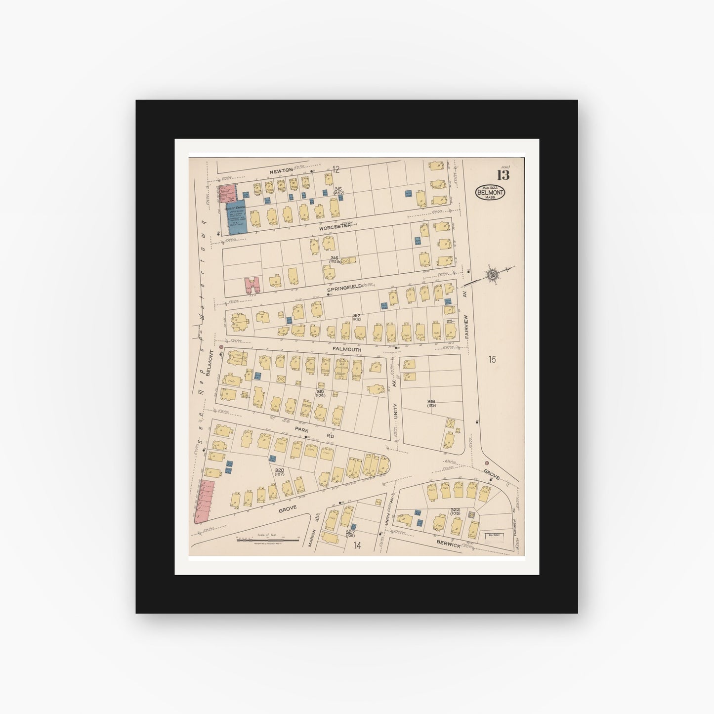 Old map wall art mockup — black gallery frame with white mat — Sanborn Fire Insurance Map from Belmont, Middlesex County, Massachusetts (1922), Sheet #0013