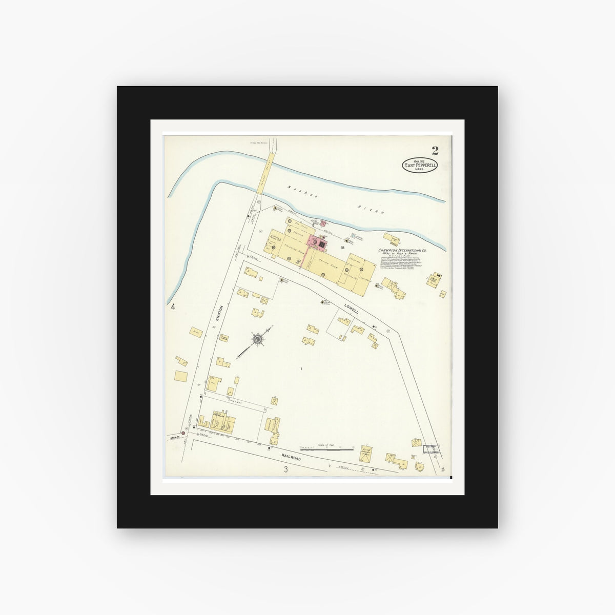 Old map wall art mockup — black gallery frame with white mat — Sanborn Fire Insurance Map from East Pepperell, Middlesex County, Massachusetts (1912), Sheet #0002