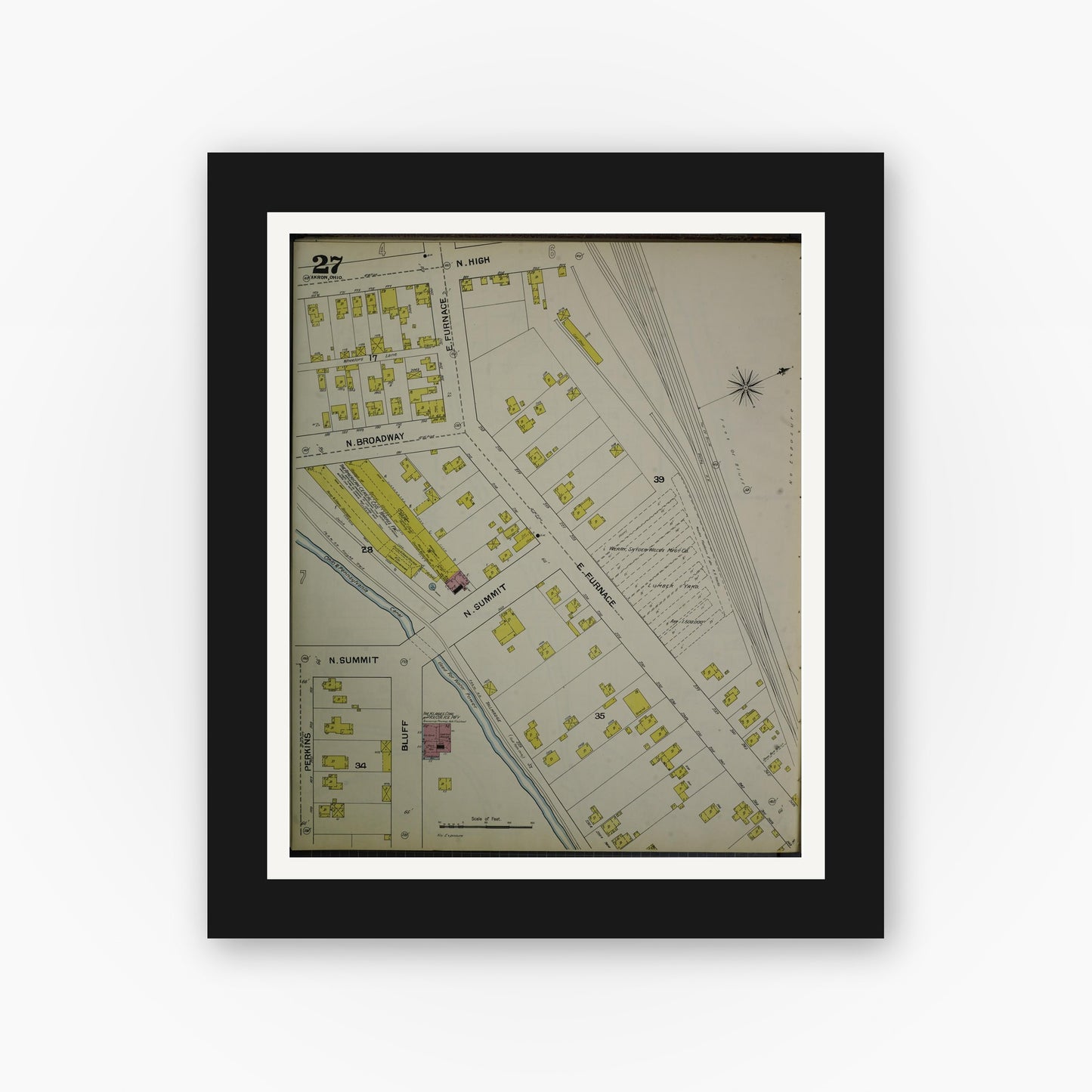Old map wall art mockup — black gallery frame with white mat — Sanborn Fire Insurance Map from Akron, Summit County, Ohio (1892), Sheet #0027