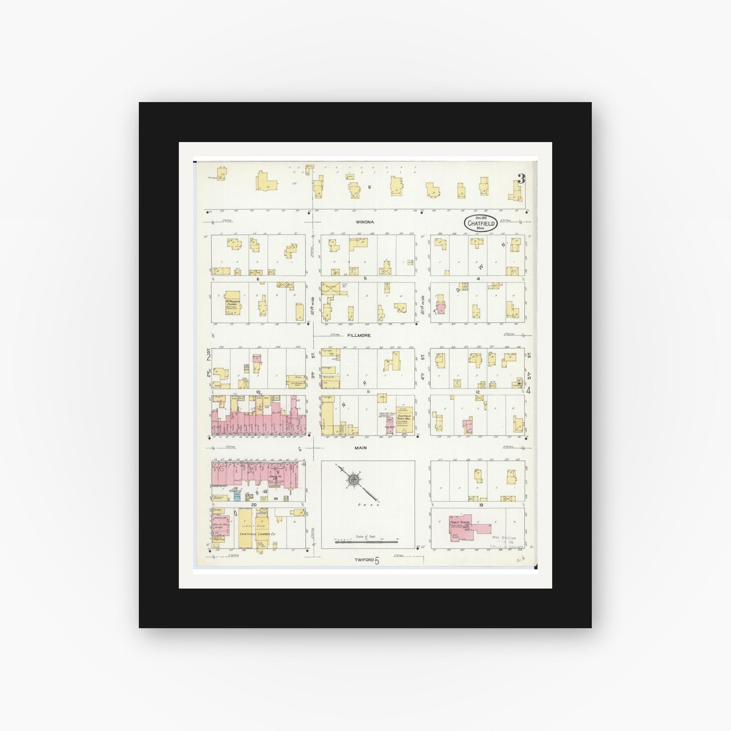 Old map wall art mockup — black gallery frame with white mat — Sanborn Fire Insurance Map from Chatfield, Fillmore And Olmsted Counties, Minnesota (1910), Sheet #0003