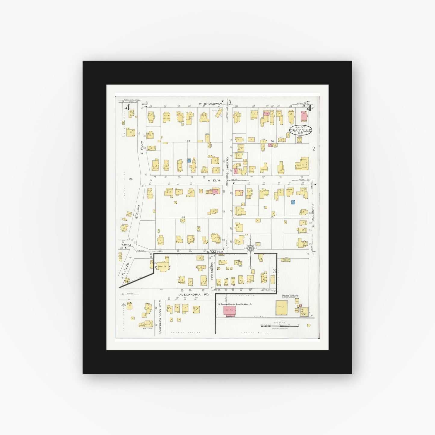 Old map wall art mockup — black gallery frame with white mat — Sanborn Fire Insurance Map from Granville, Licking County, Ohio (1926), Sheet #0004