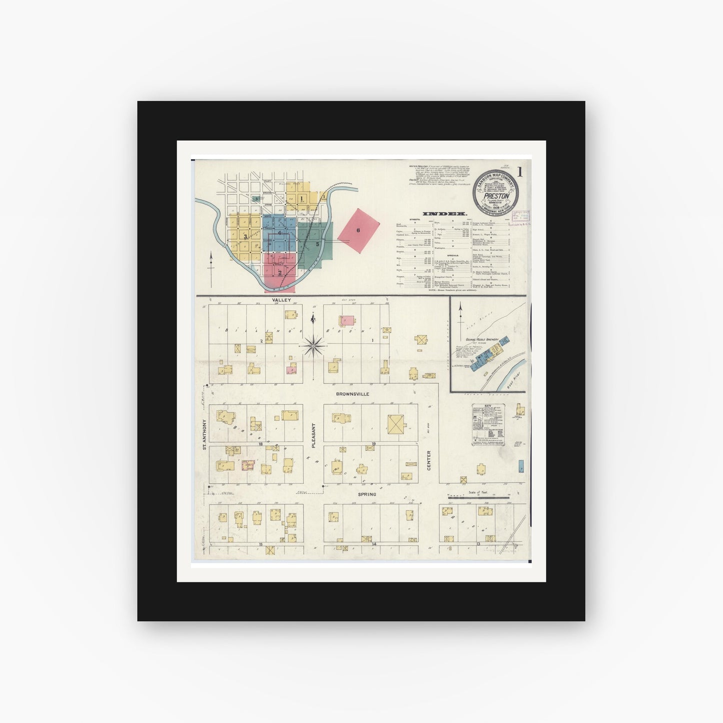 Old map wall art mockup — black gallery frame with white mat — Sanborn Fire Insurance Map from Preston, Fillmore County, Minnesota (1909) - Complete Map Set