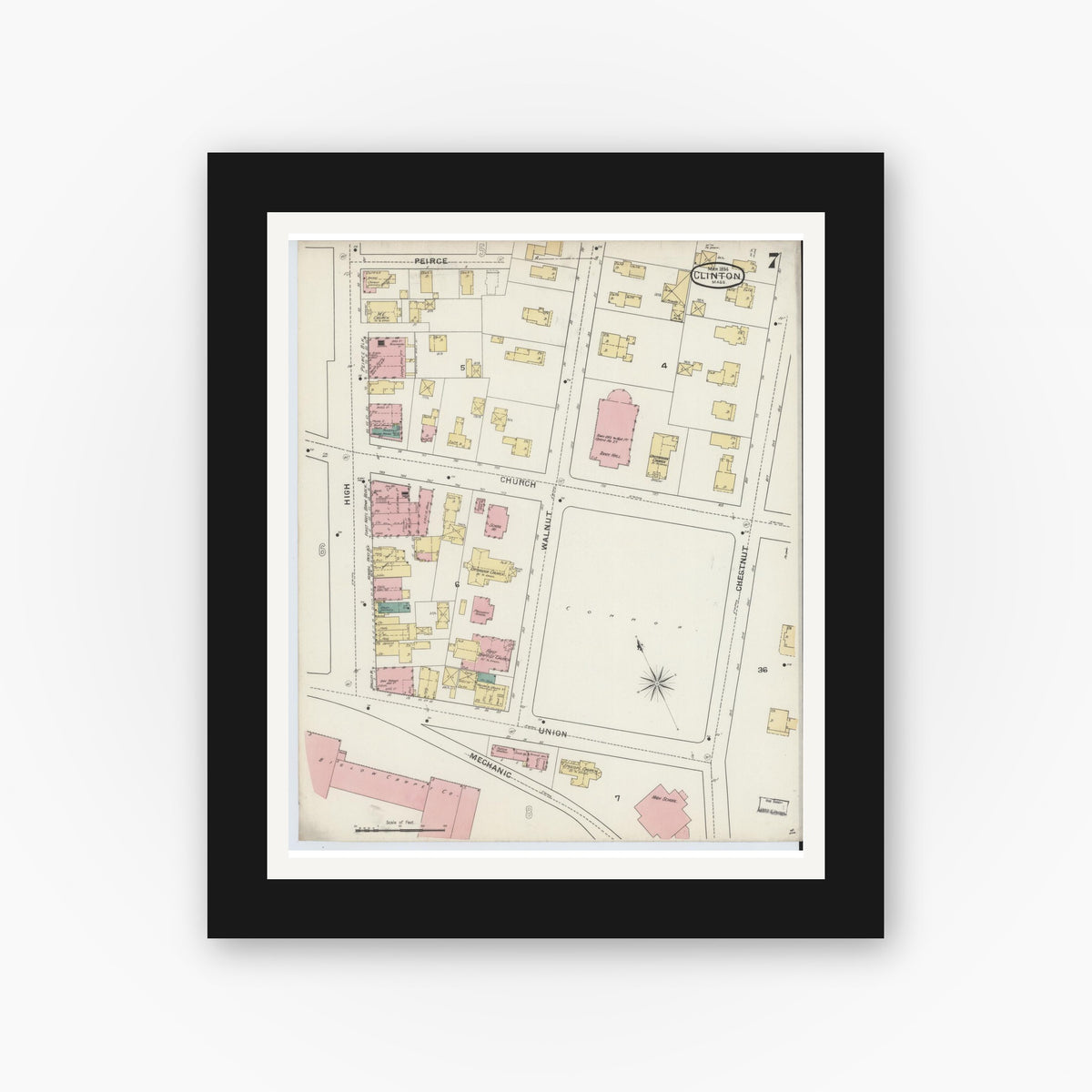 Old map wall art mockup — black gallery frame with white mat — Sanborn Fire Insurance Map from Clinton, Worcester County, Massachusetts (1894), Sheet #0007