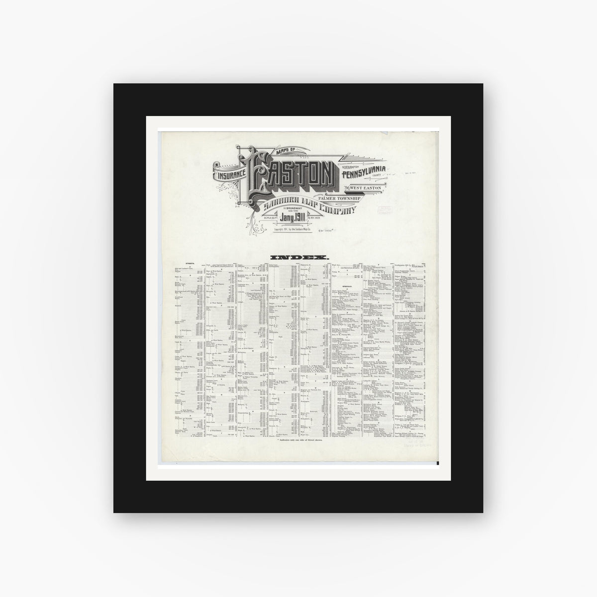 Old map wall art mockup — black gallery frame with white mat — Sanborn Fire Insurance Map from Easton, Northampton County, Pennsylvania (1911), Sheet #0001