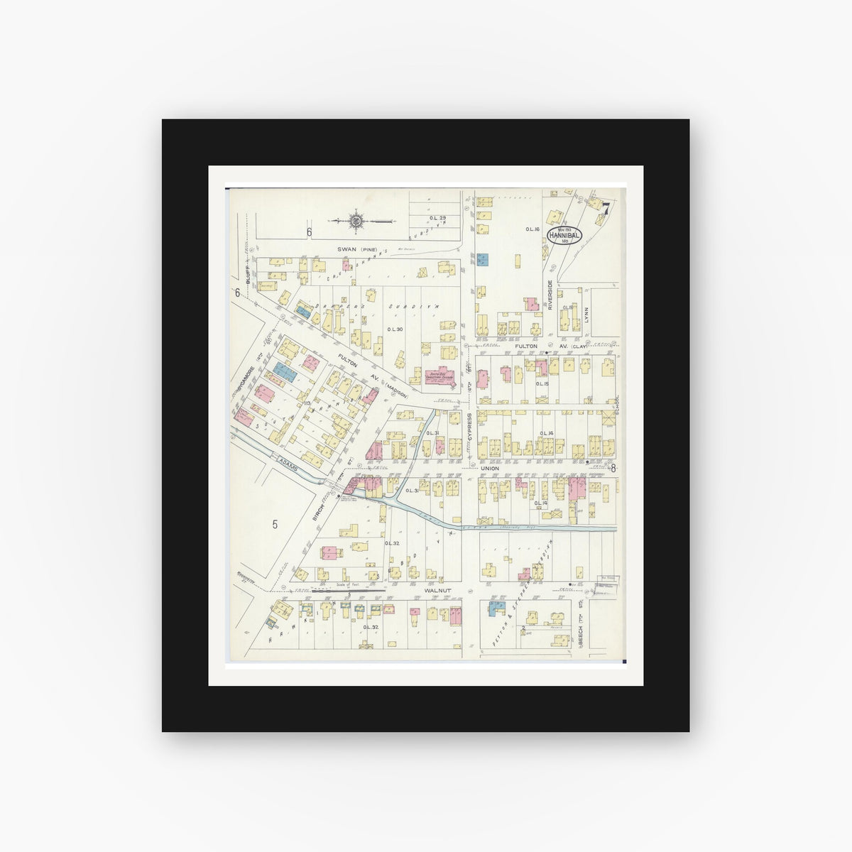 Old map wall art mockup — black gallery frame with white mat — Sanborn Fire Insurance Map from Hannibal, Marion County, Missouri (1913), Sheet #0007