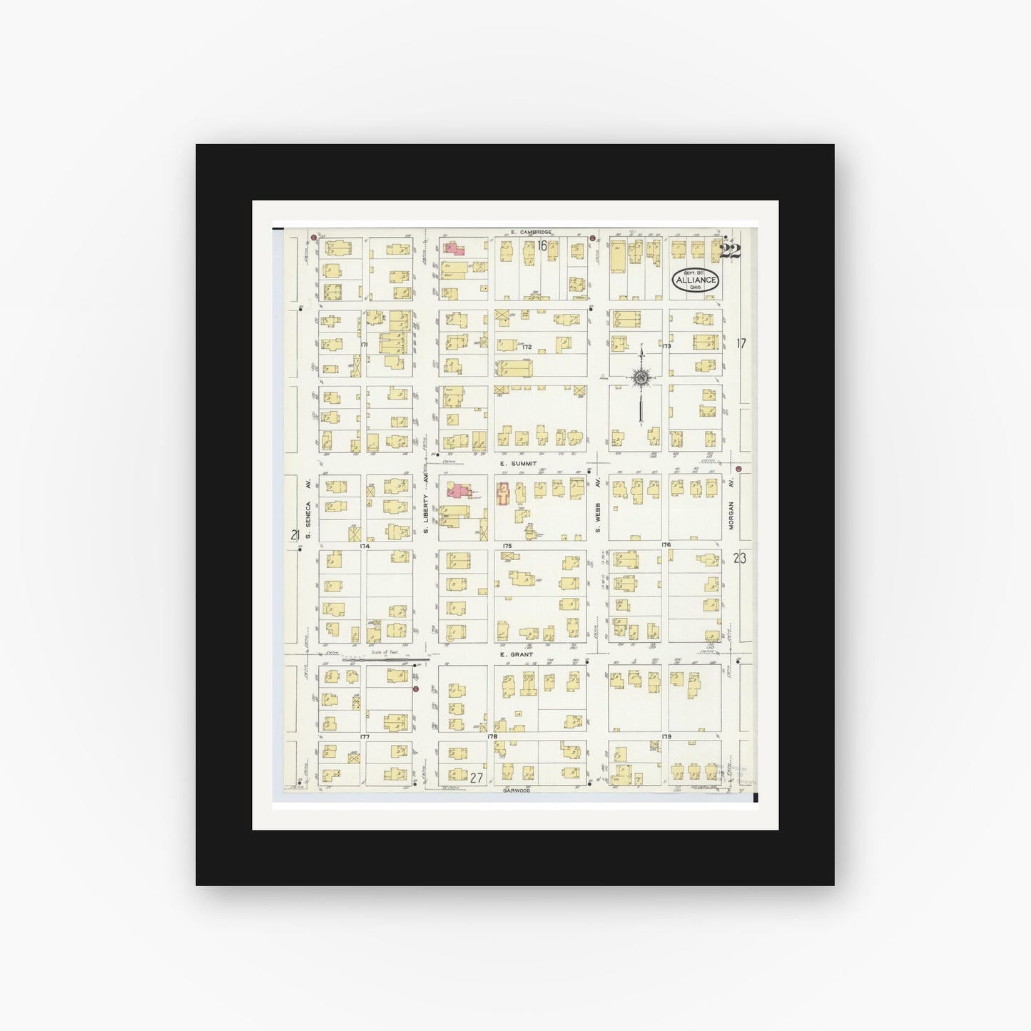 Old map wall art mockup — black gallery frame with white mat — Sanborn Fire Insurance Map from Alliance, Stark County, Ohio (1911), Sheet #0022