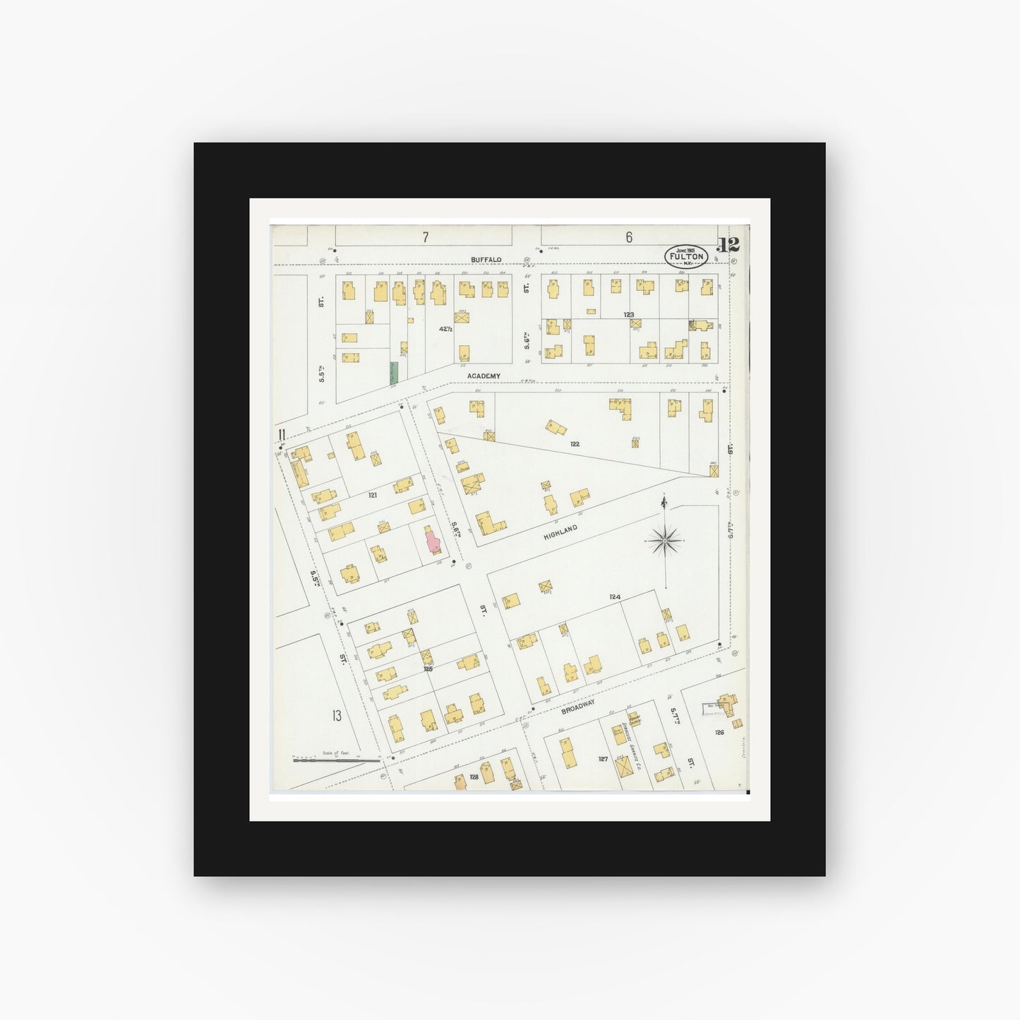 Old map wall art mockup — black gallery frame with white mat — Sanborn Fire Insurance Map from Fulton, Oswego County, New York (1901), Sheet #0012