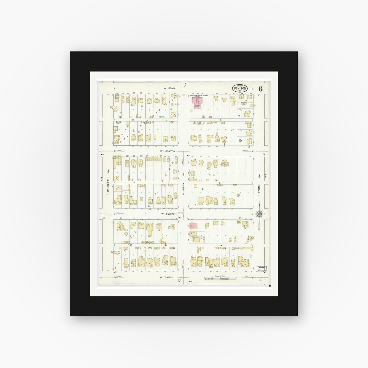 Old map wall art mockup — black gallery frame with white mat — Sanborn Fire Insurance Map from Denison, Grayson County, Texas (1914), Sheet #0006