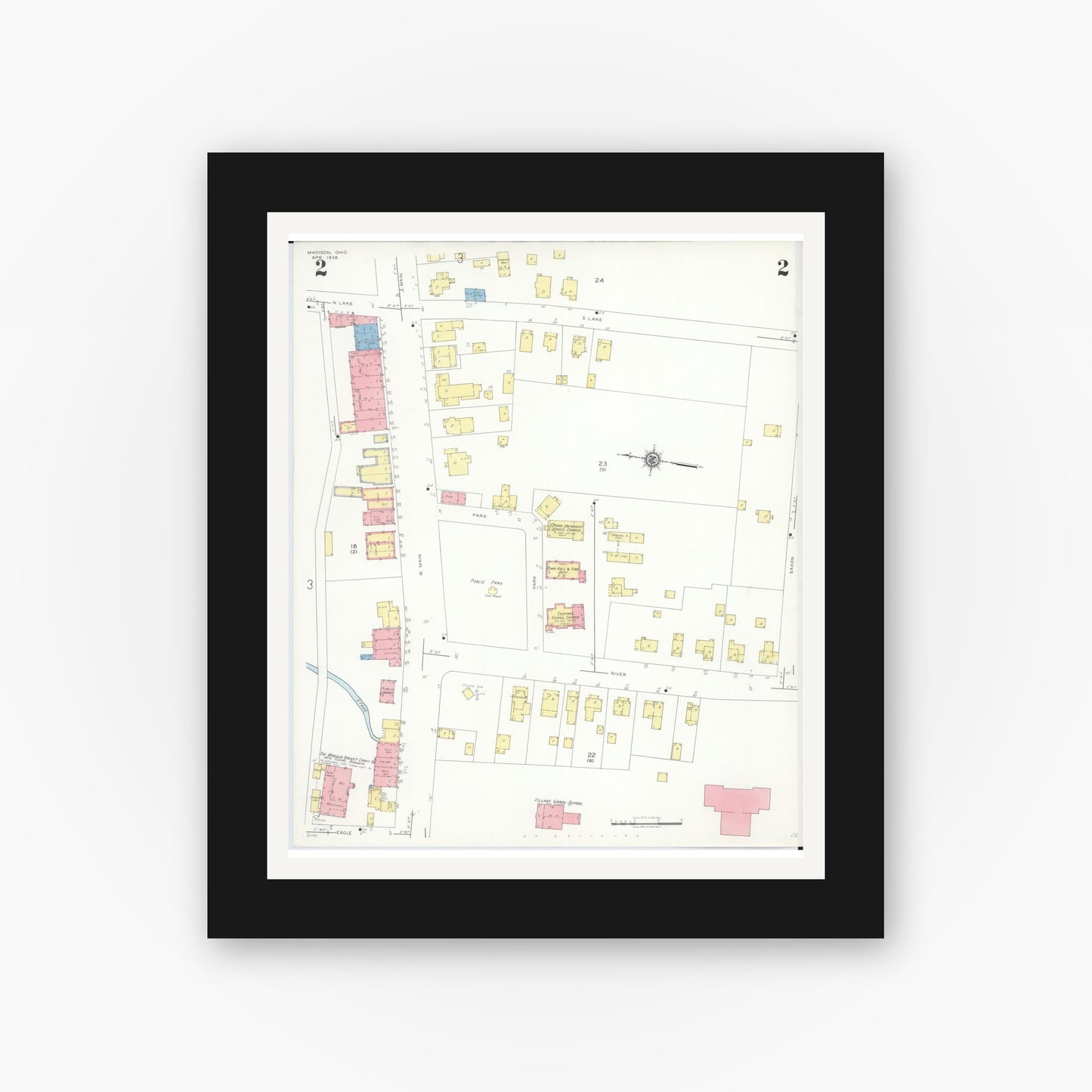 Old map wall art mockup — black gallery frame with white mat — Sanborn Fire Insurance Map from Madison, Lake County, Ohio (1938), Sheet #0002