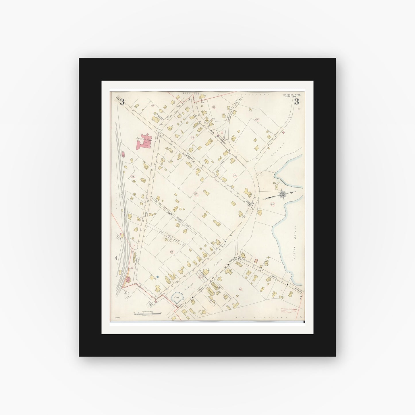 Old map wall art mockup — black gallery frame with white mat — Sanborn Fire Insurance Map from Cohasset, Norfolk County, Massachusetts (1940), Sheet #0003