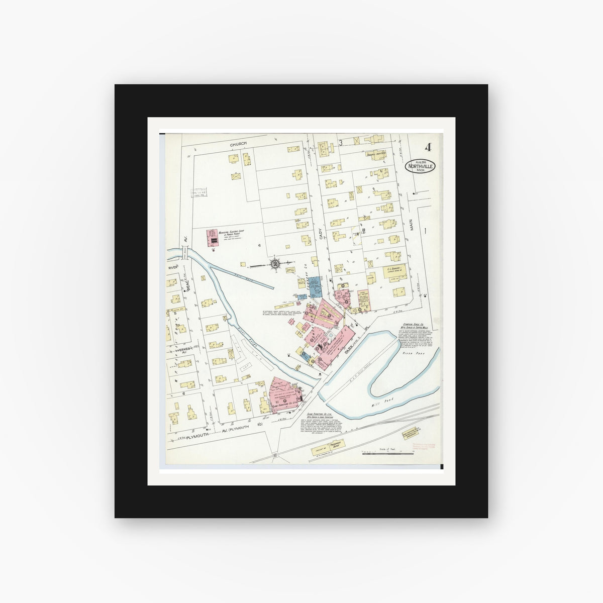 Old map wall art mockup — black gallery frame with white mat — Sanborn Fire Insurance Map from Northville, Wayne County, Michigan (1914), Sheet #0004