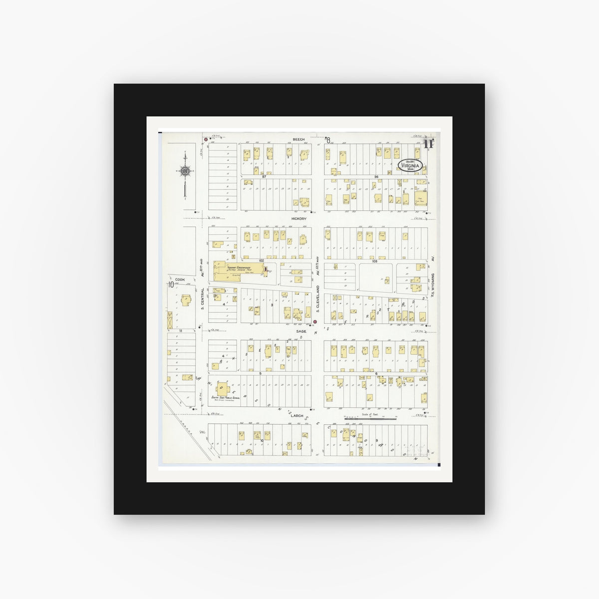 Old map wall art mockup — black gallery frame with white mat — Sanborn Fire Insurance Map from Virginia, Saint Louis County, Minnesota (1910), Sheet #0011