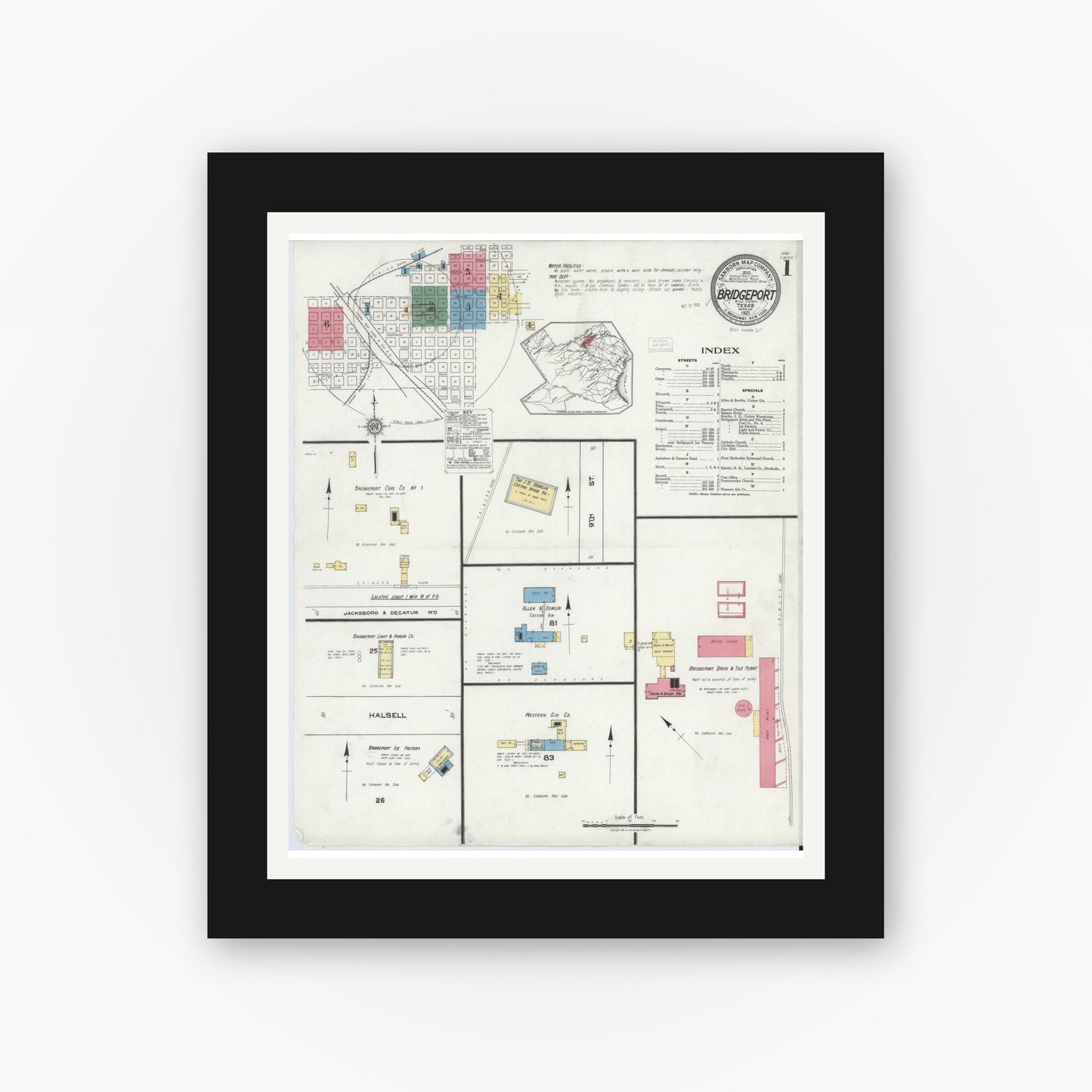 Old map wall art mockup — black gallery frame with white mat — Sanborn Fire Insurance Map from Bridgeport, Wise County, Texas (1921), Sheet #0001
