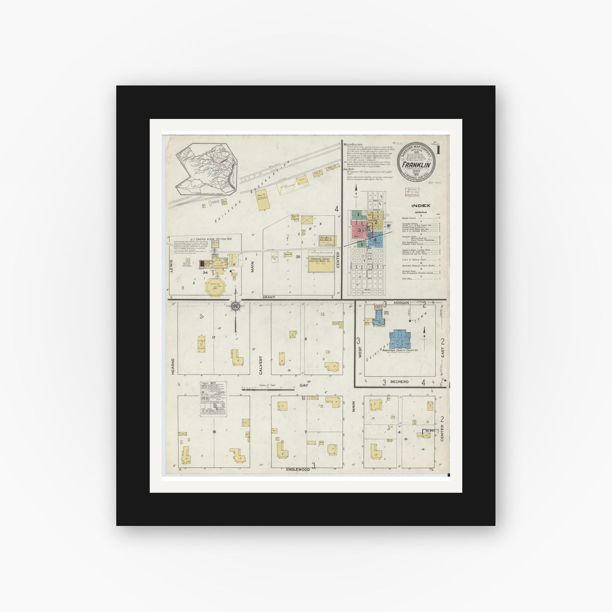 Old map wall art mockup — black gallery frame with white mat — Sanborn Fire Insurance Map from Franklin, Robertson County, Texas (1916), Sheet #0001