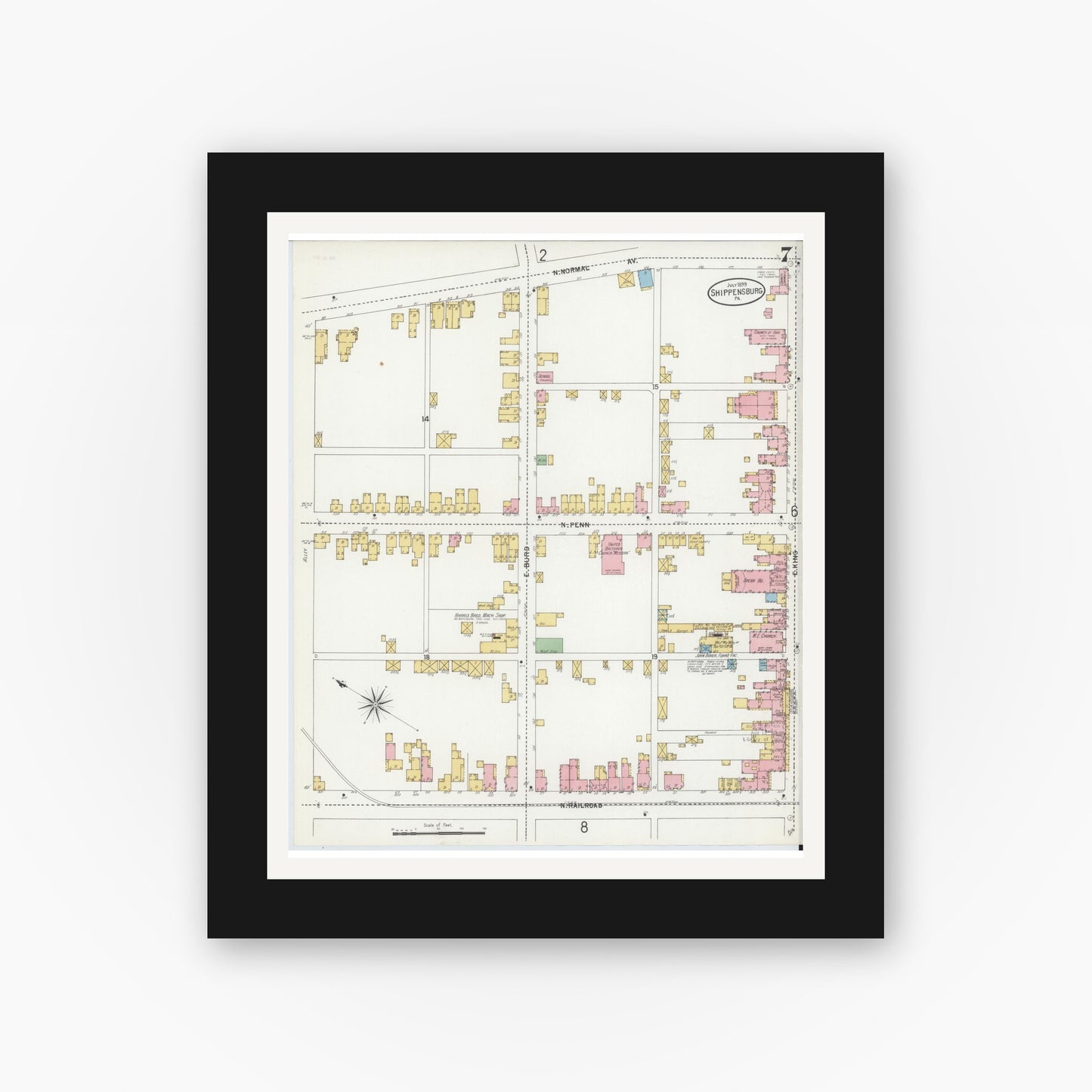 Old map wall art mockup — black gallery frame with white mat — Sanborn Fire Insurance Map from Shippensburg, Cumberland And Franklin Counties, Pennsylvania (1899), Sheet #0007