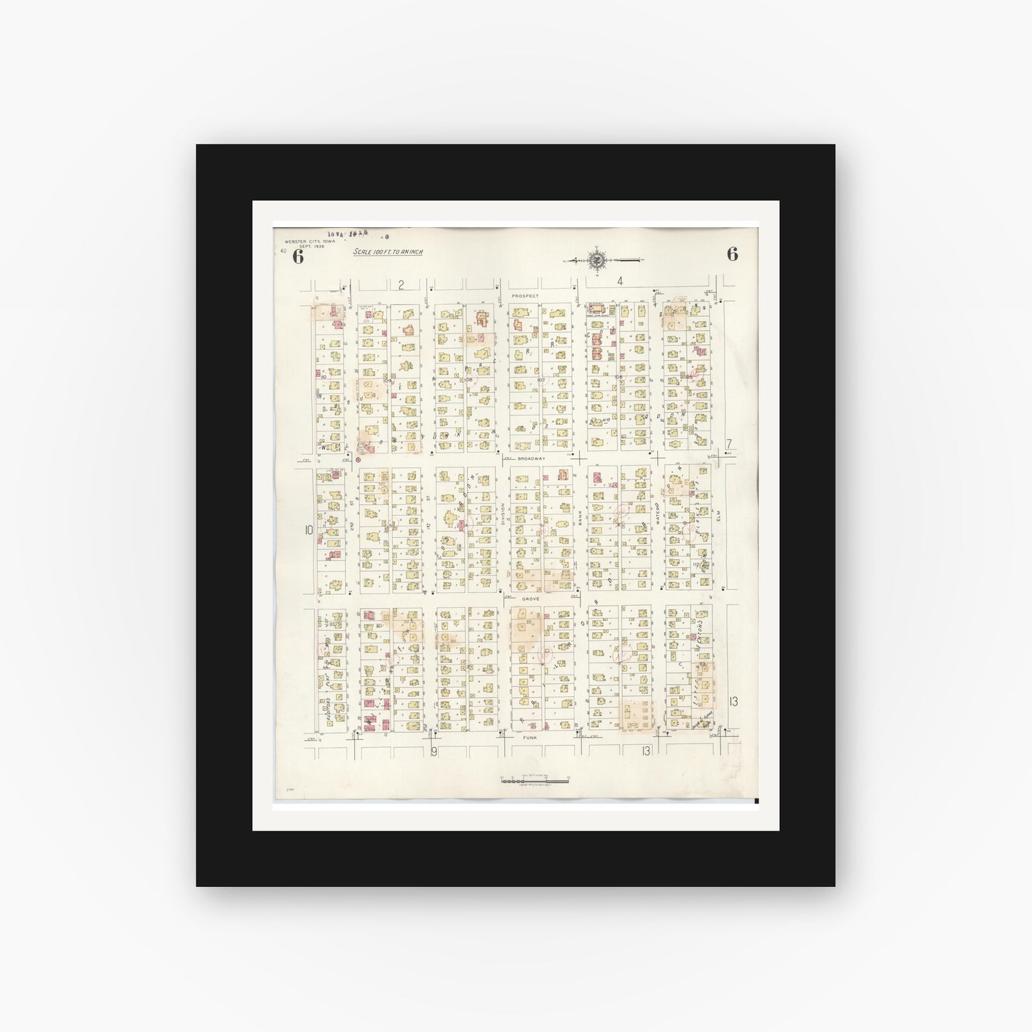 Old map wall art mockup — black gallery frame with white mat — Sanborn Fire Insurance Map from Webster City, Hamilton County, Iowa (1950), Sheet #0006