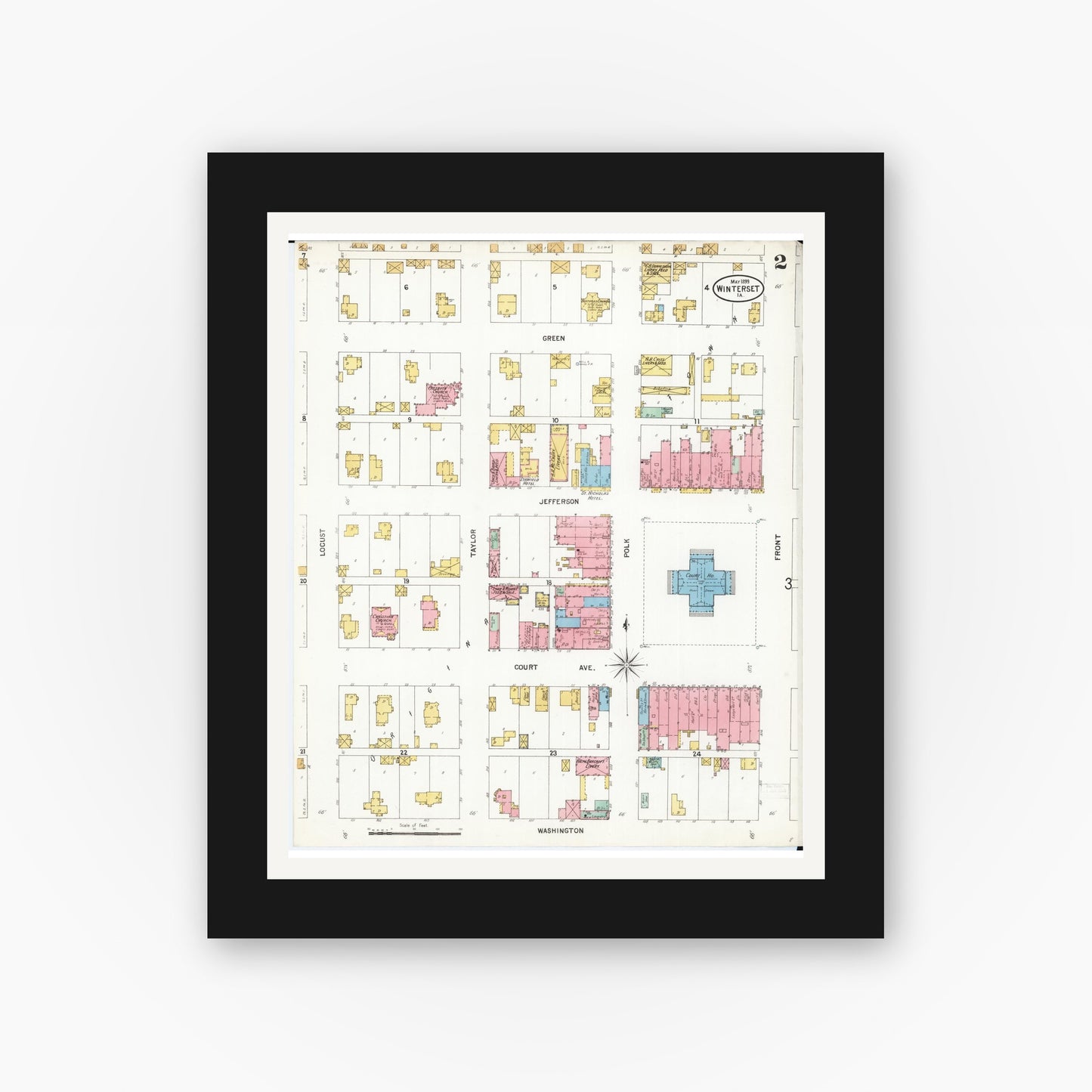 Old map wall art mockup — black gallery frame with white mat — Sanborn Fire Insurance Map from Winterset, Madison County, Iowa (1899), Sheet #0002