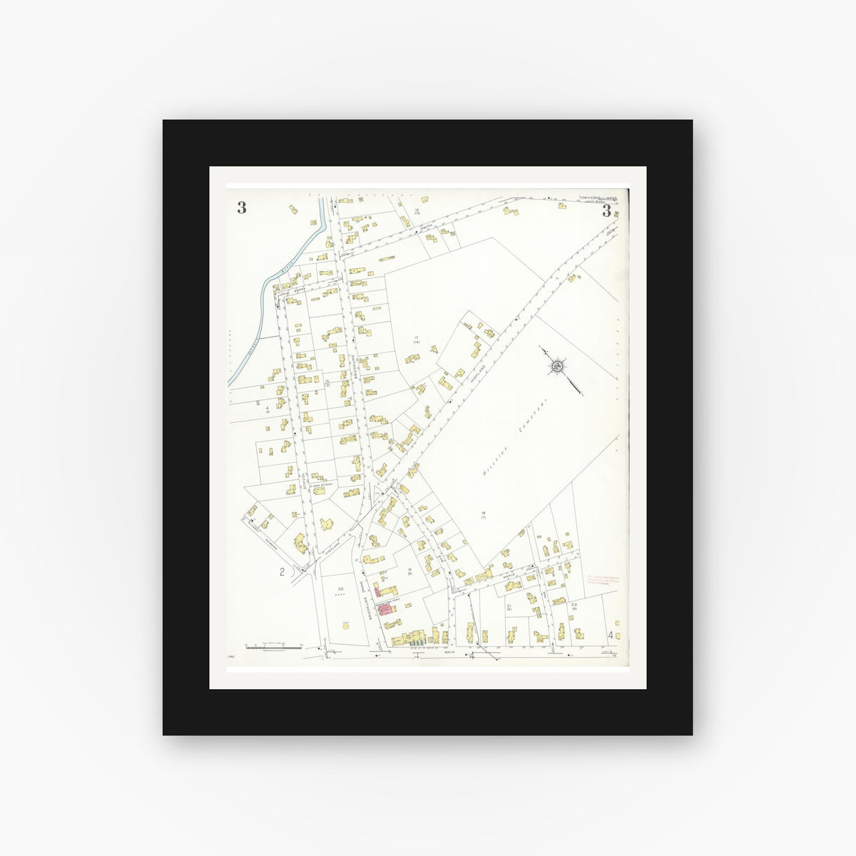 Old map wall art mockup — black gallery frame with white mat — Sanborn Fire Insurance Map from Townsend, Middlesex County, Massachusetts (1936), Sheet #0003
