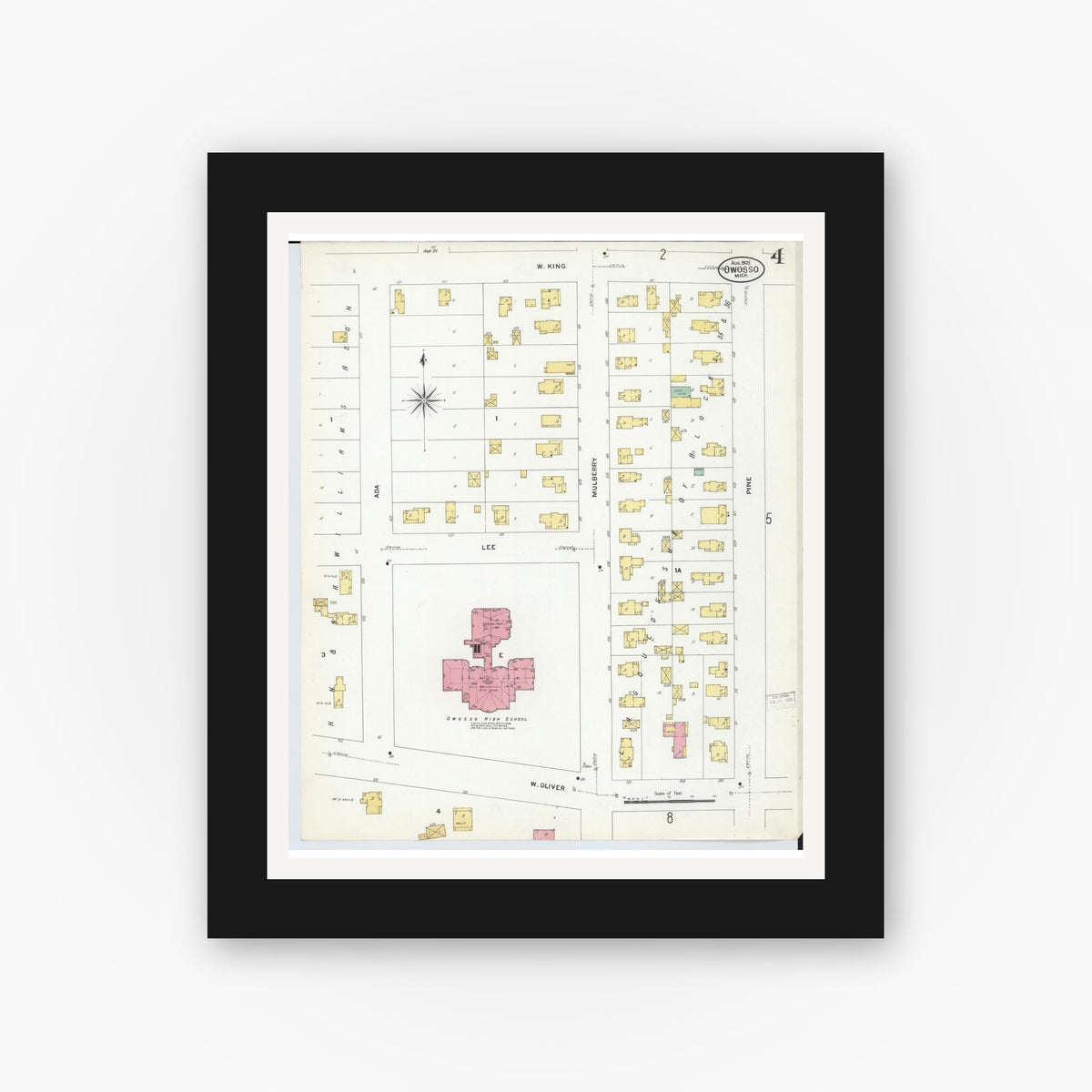 Old map wall art mockup β black gallery frame with white mat β Sanborn Fire Insurance Map from Owosso, Shiawassee County, Michigan (1908), Sheet #0004