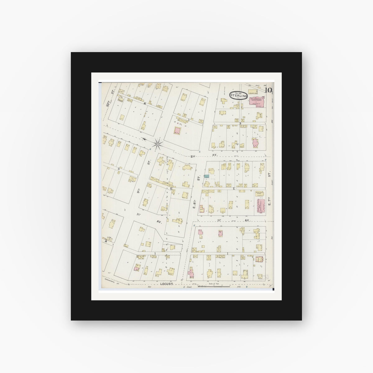 Old map wall art mockup — black gallery frame with white mat — Sanborn Fire Insurance Map from Sterling, Whiteside County, Illinois (1891), Sheet #0010