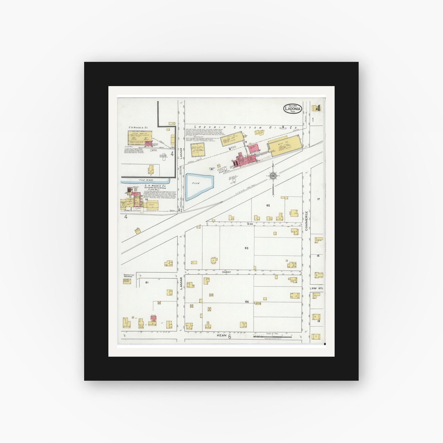 Old map wall art mockup — black gallery frame with white mat — Sanborn Fire Insurance Map from Ladonia, Fannin County, Texas (1919), Sheet #0004
