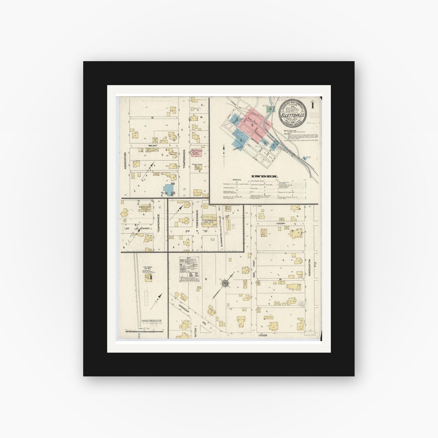 Old map wall art mockup — black gallery frame with white mat — Sanborn Fire Insurance Map from Ellettsville, Monroe County, Indiana (1910) - Complete Map Set
