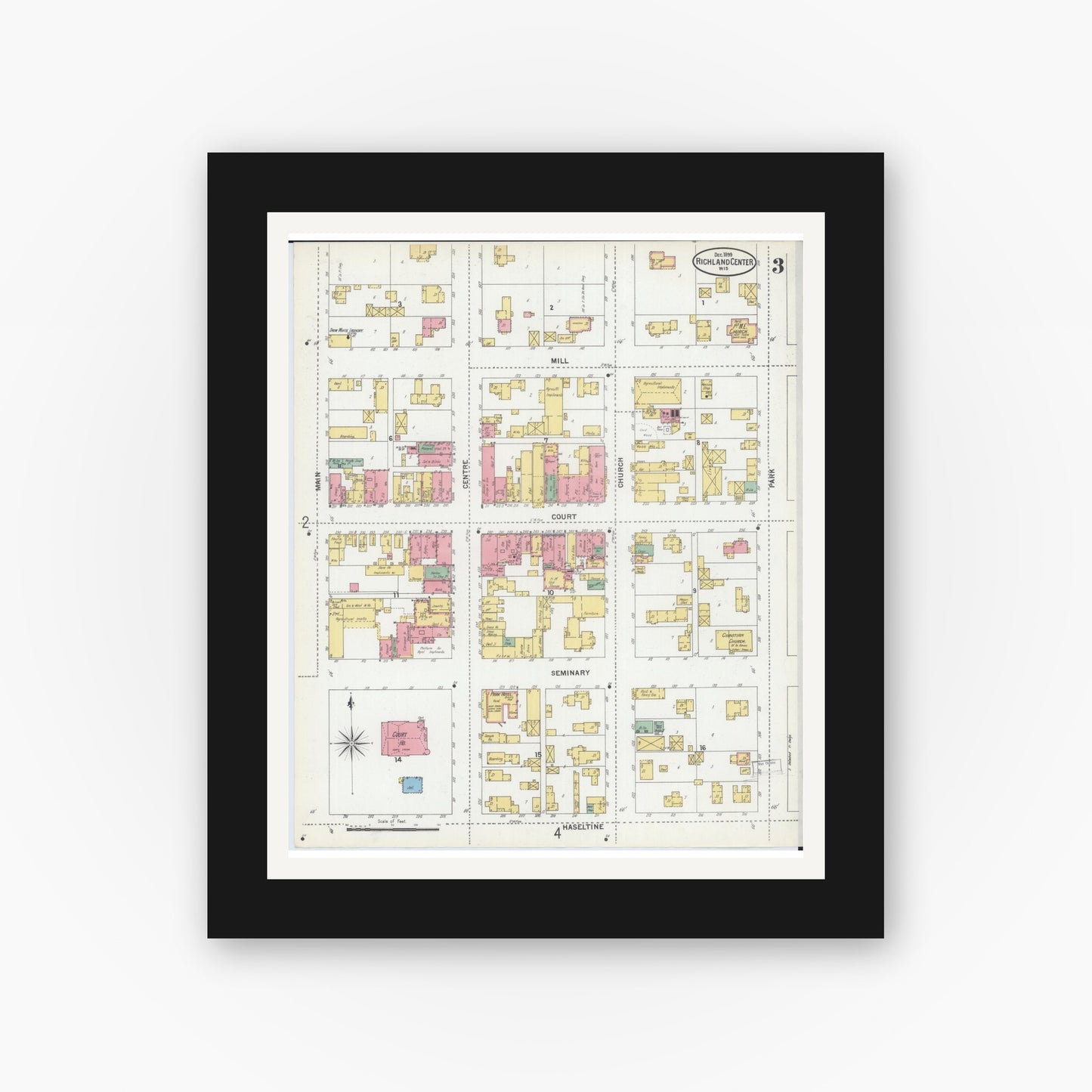 Old map wall art mockup — black gallery frame with white mat — Sanborn Fire Insurance Map from Richland Center, Richland County, Wisconsin (1899), Sheet #0003