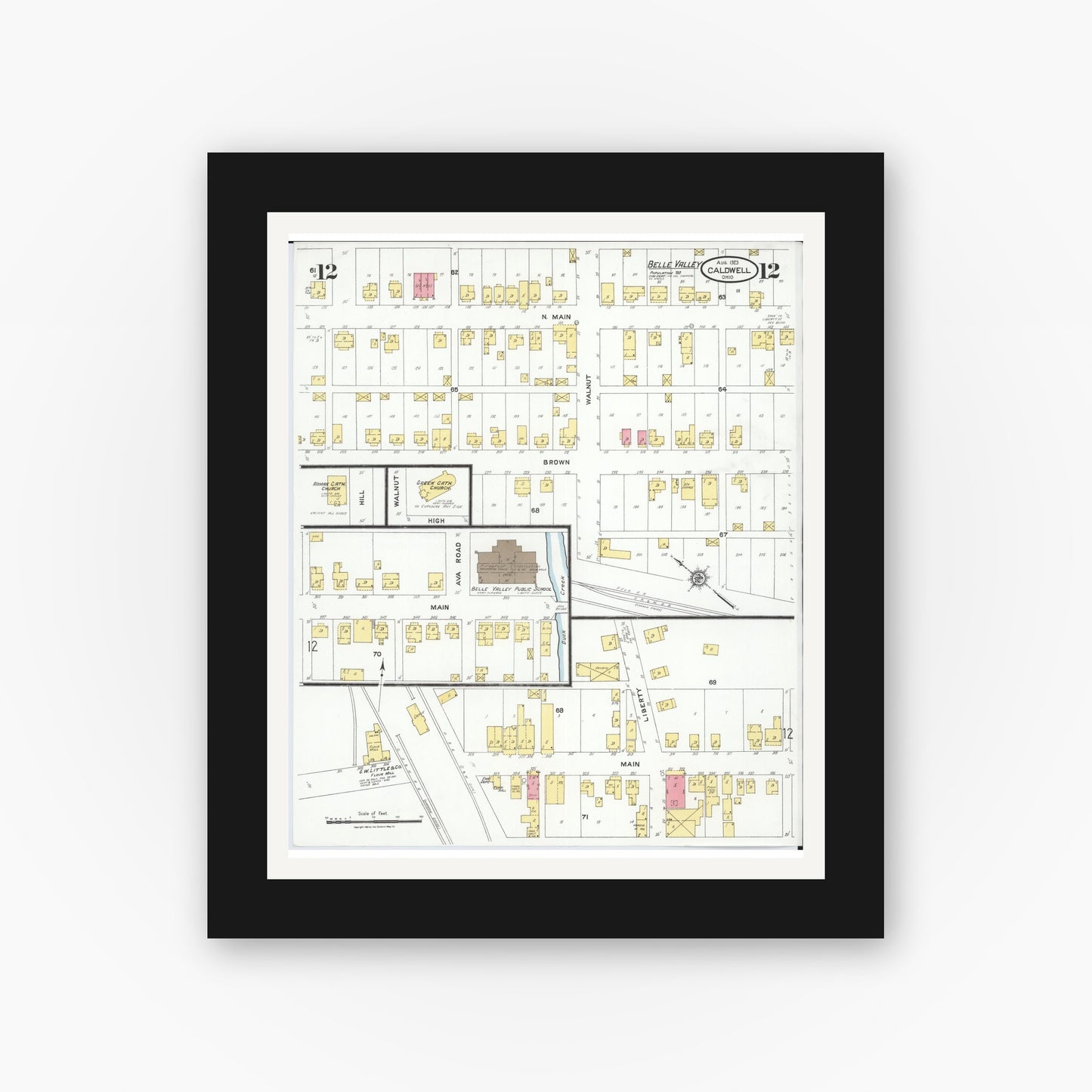 Old map wall art mockup — black gallery frame with white mat — Sanborn Fire Insurance Map from Caldwell, Noble County, Ohio (1923), Sheet #0012