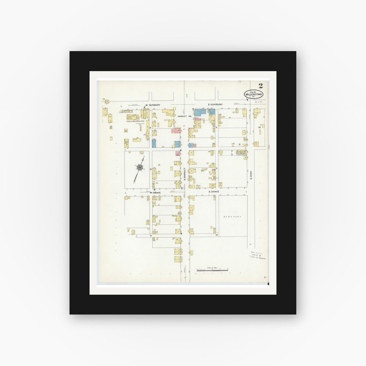 Old map wall art mockup — black gallery frame with white mat — Sanborn Fire Insurance Map from Millerstown, Perry County, Pennsylvania (1911), Sheet #0002