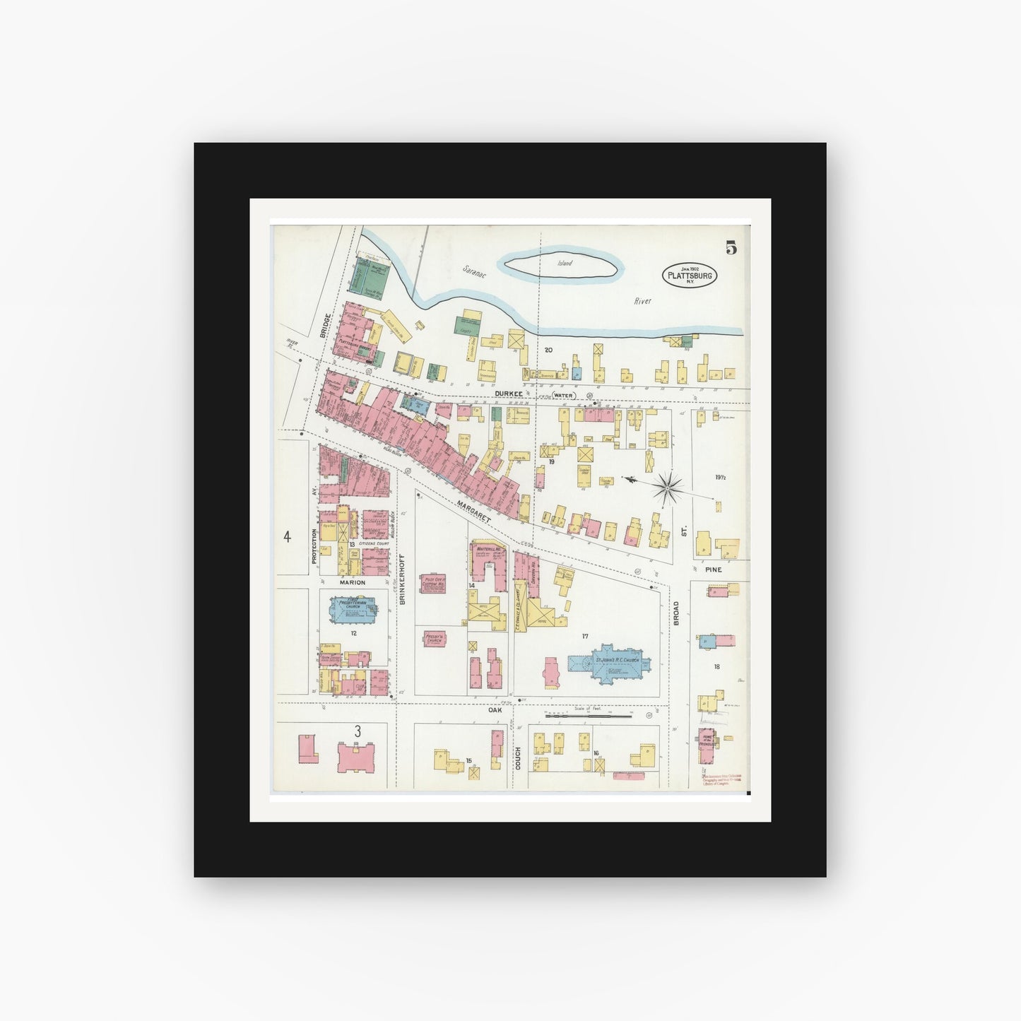 Old map wall art mockup — black gallery frame with white mat — Sanborn Fire Insurance Map from Plattsburg, Clinton County, New York (1902), Sheet #0005