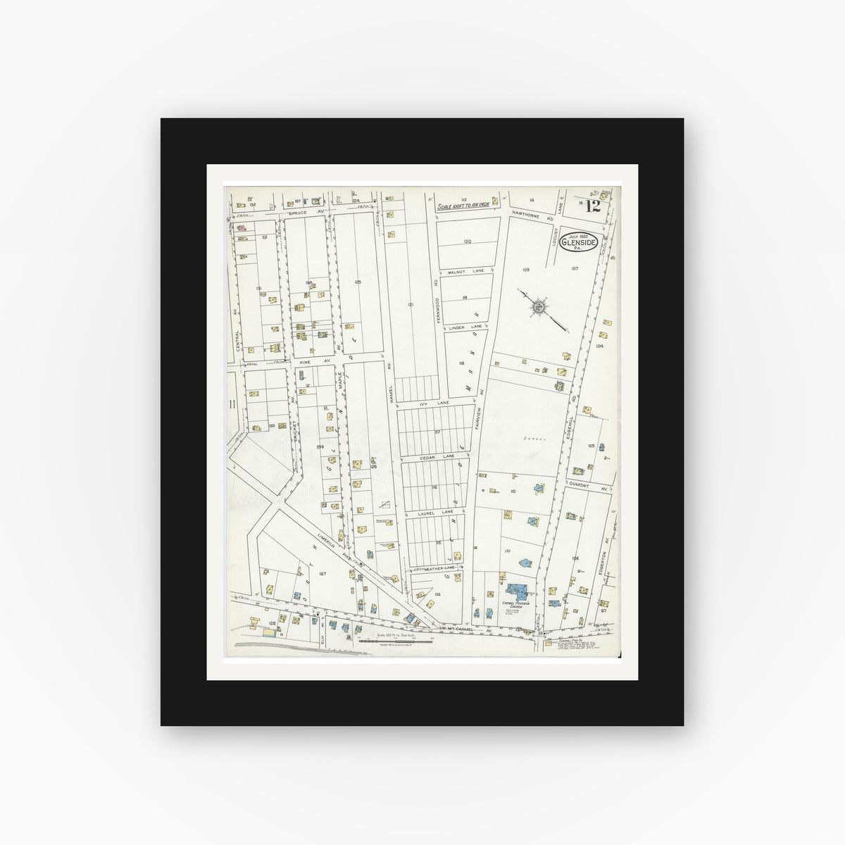 Old map wall art mockup — black gallery frame with white mat — Sanborn Fire Insurance Map from Glenside, Montgomery County, Pennsylvania (1920), Sheet #0012