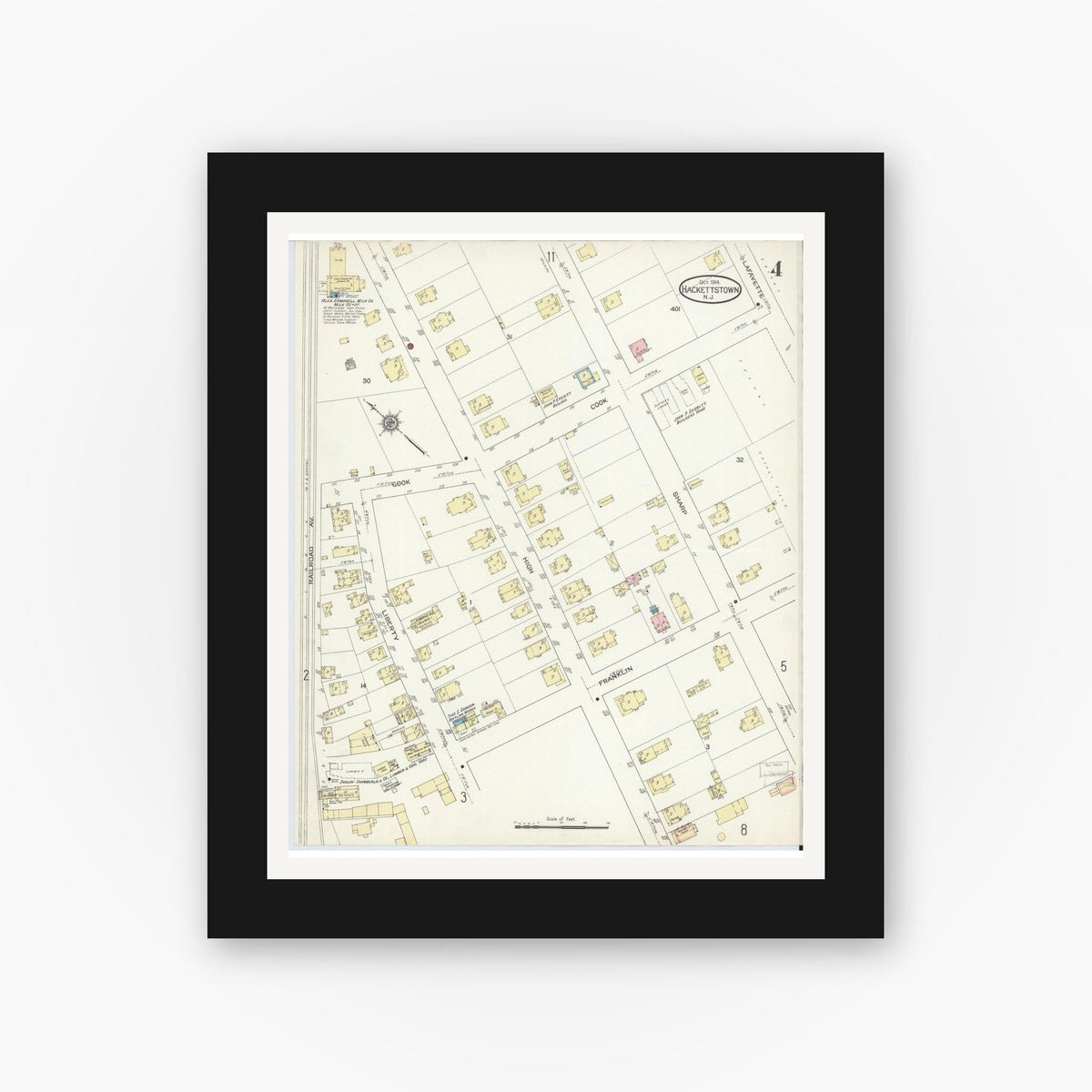 Old map wall art mockup — black gallery frame with white mat — Sanborn Fire Insurance Map from Hackettstown, Warren County, New Jersey (1914), Sheet #0004