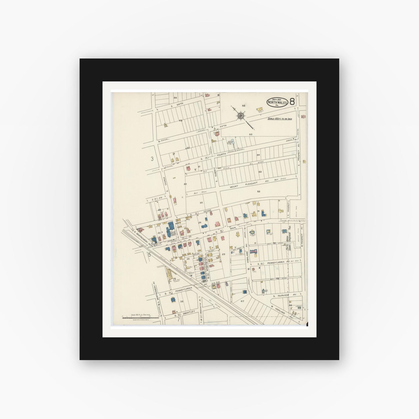 Old map wall art mockup — black gallery frame with white mat — Sanborn Fire Insurance Map from North Wales, Montgomery County, Pennsylvania (1921), Sheet #0008